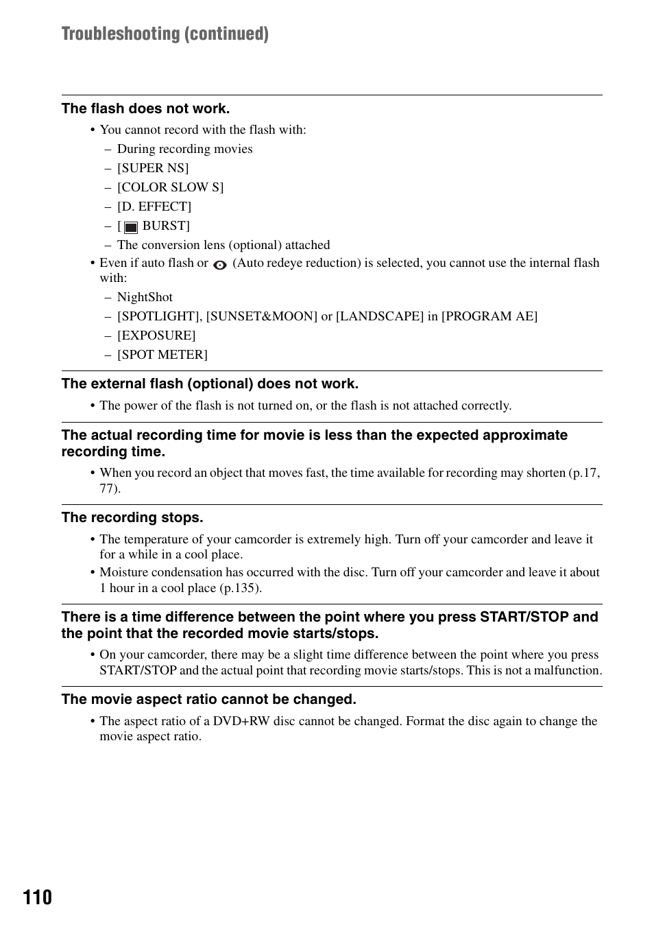 Troubleshooting (continued) | Sony DCR-DVD405 User Manual | Page 110 / 148