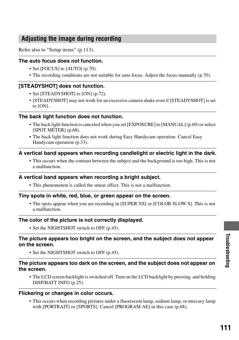 Adjusting the image during recording” (p.111), Adjusting the image during recording | Sony DCR-DVD405 User Manual | Page 111 / 148