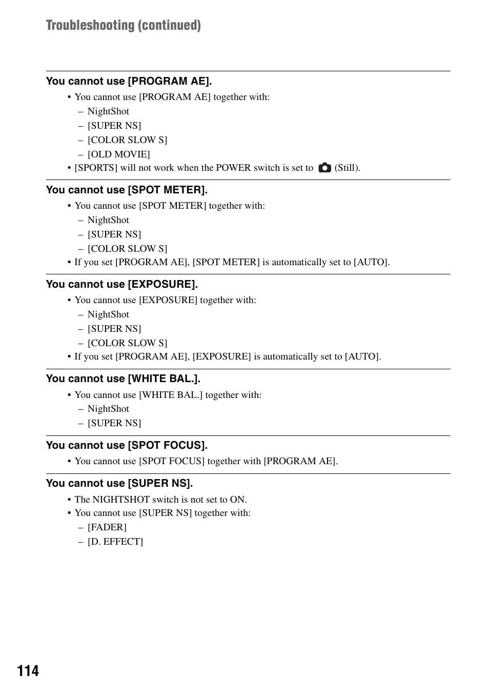 Troubleshooting (continued) | Sony DCR-DVD405 User Manual | Page 114 / 148