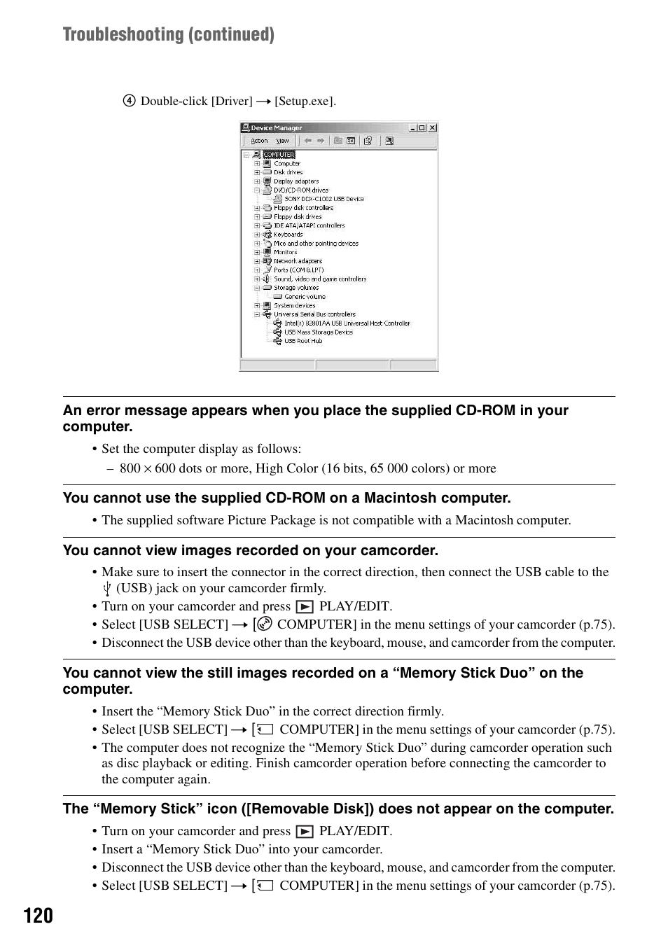 Troubleshooting (continued) | Sony DCR-DVD405 User Manual | Page 120 / 148