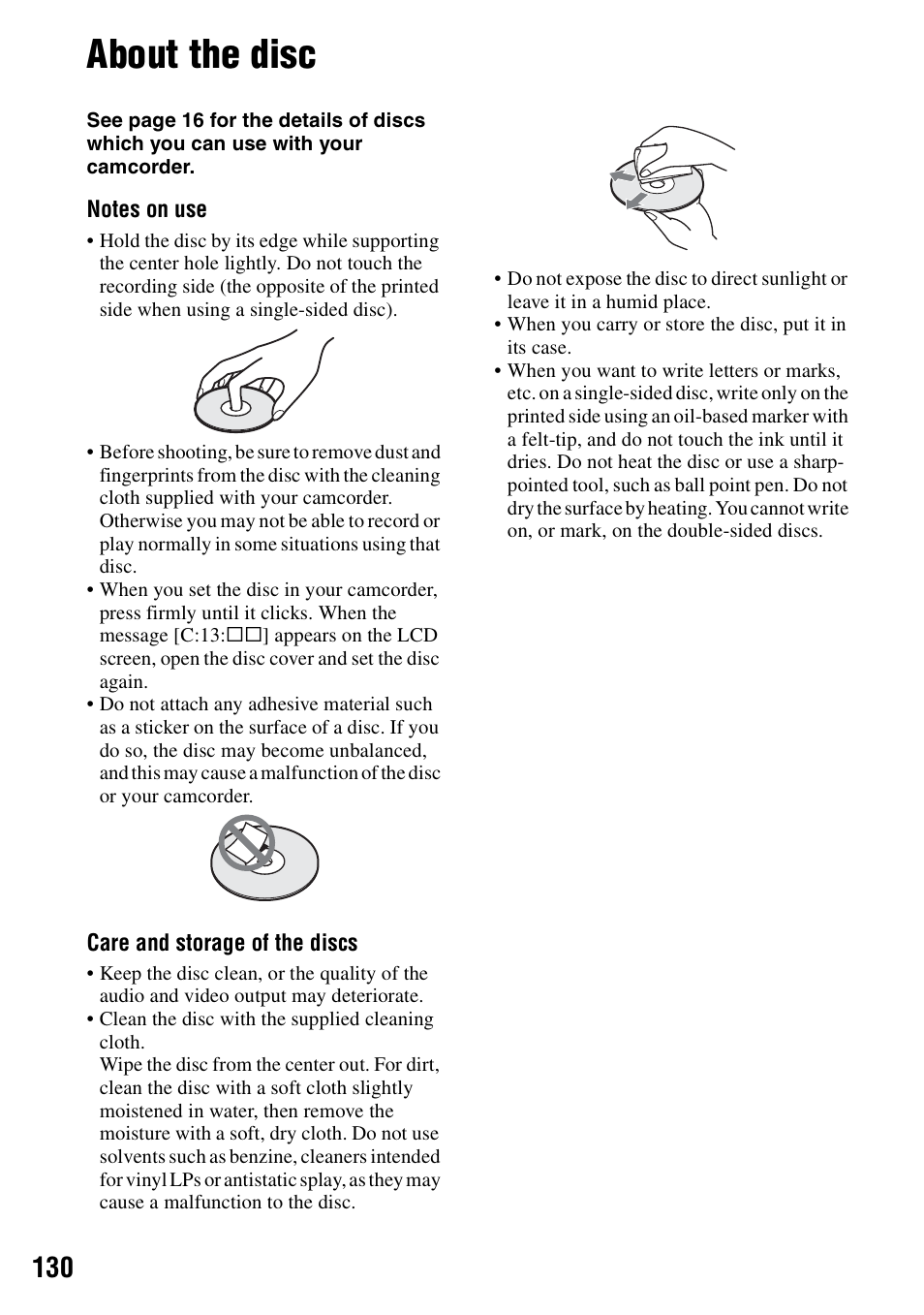 About the disc, P.130), H (p.130 | Sony DCR-DVD405 User Manual | Page 130 / 148