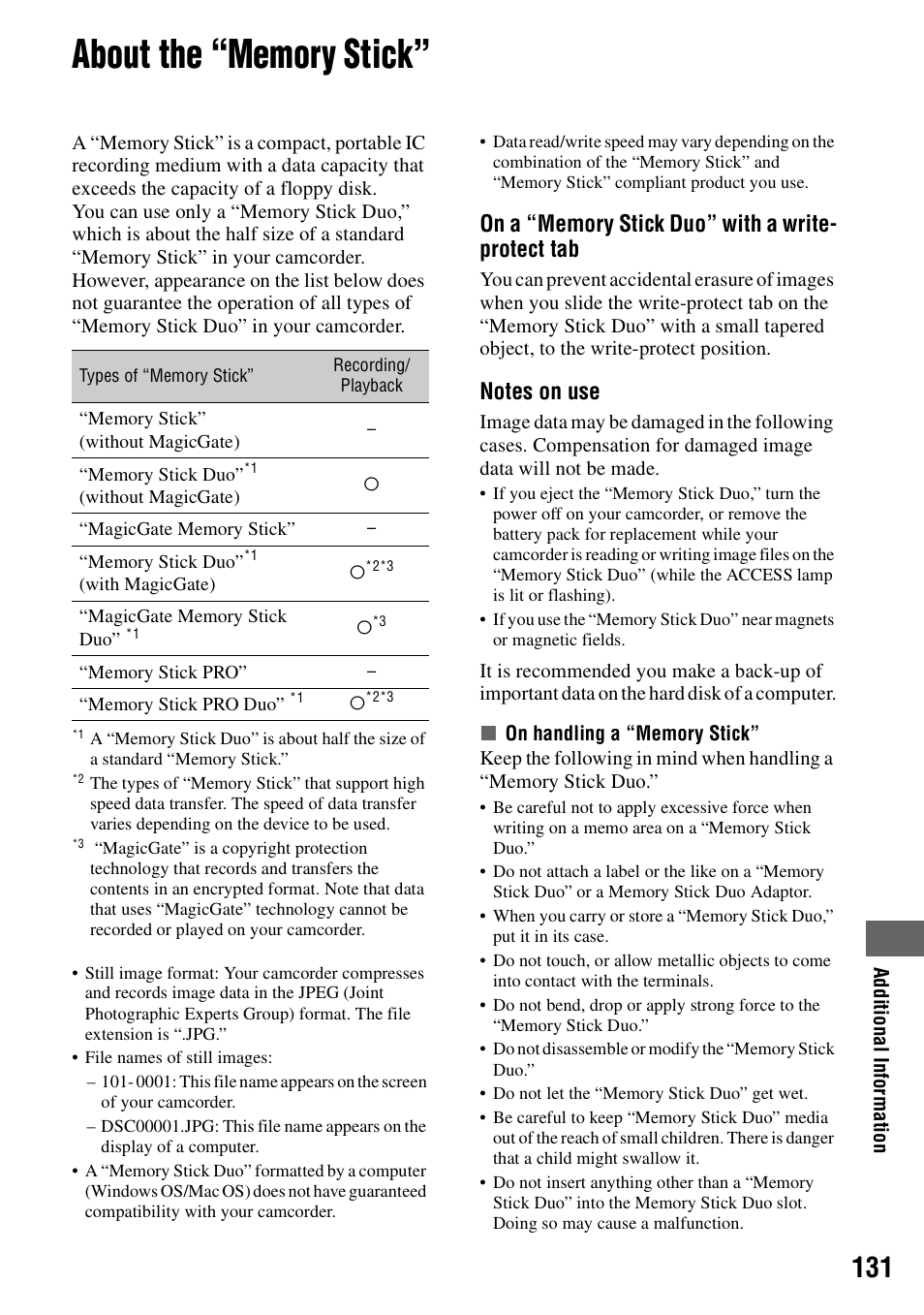 About the “memory stick, P.131), P.131 | Sony DCR-DVD405 User Manual | Page 131 / 148