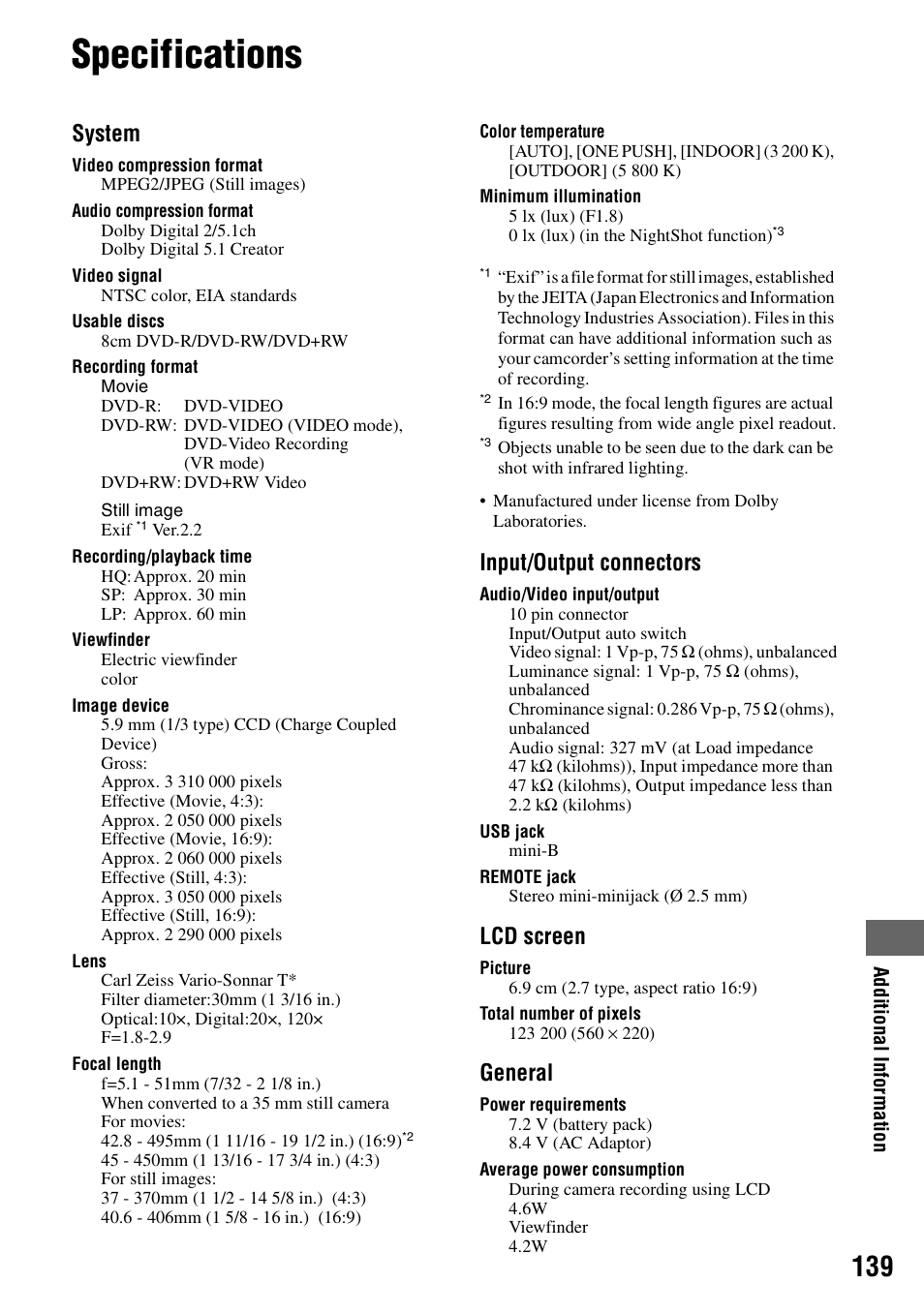 Specifications, System, Input/output connectors | Lcd screen, General | Sony DCR-DVD405 User Manual | Page 139 / 148