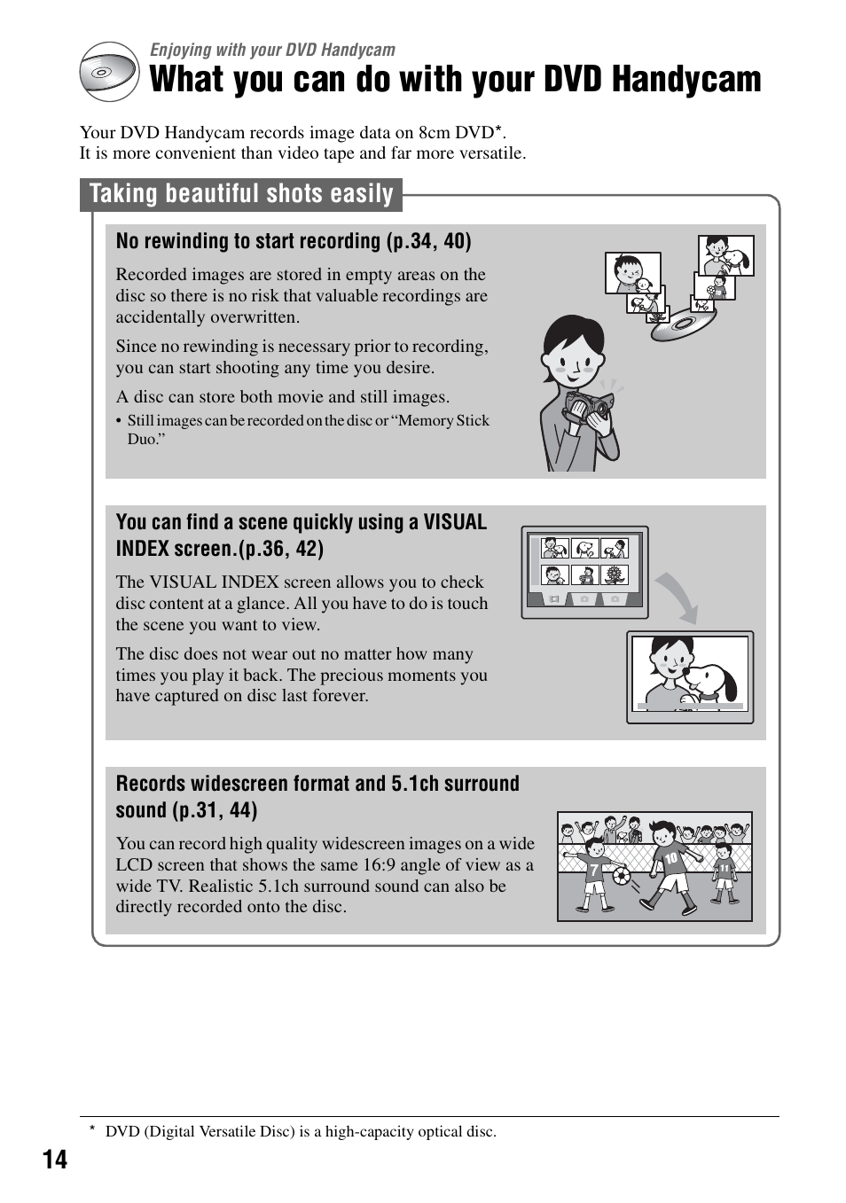 Enjoying with your dvd handycam, What you can do with your dvd handycam, Taking beautiful shots easily | Sony DCR-DVD405 User Manual | Page 14 / 148