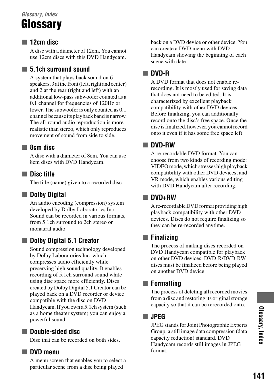 Glossary, index, Glossary, P.141 | Ry (p.141, P.141) | Sony DCR-DVD405 User Manual | Page 141 / 148