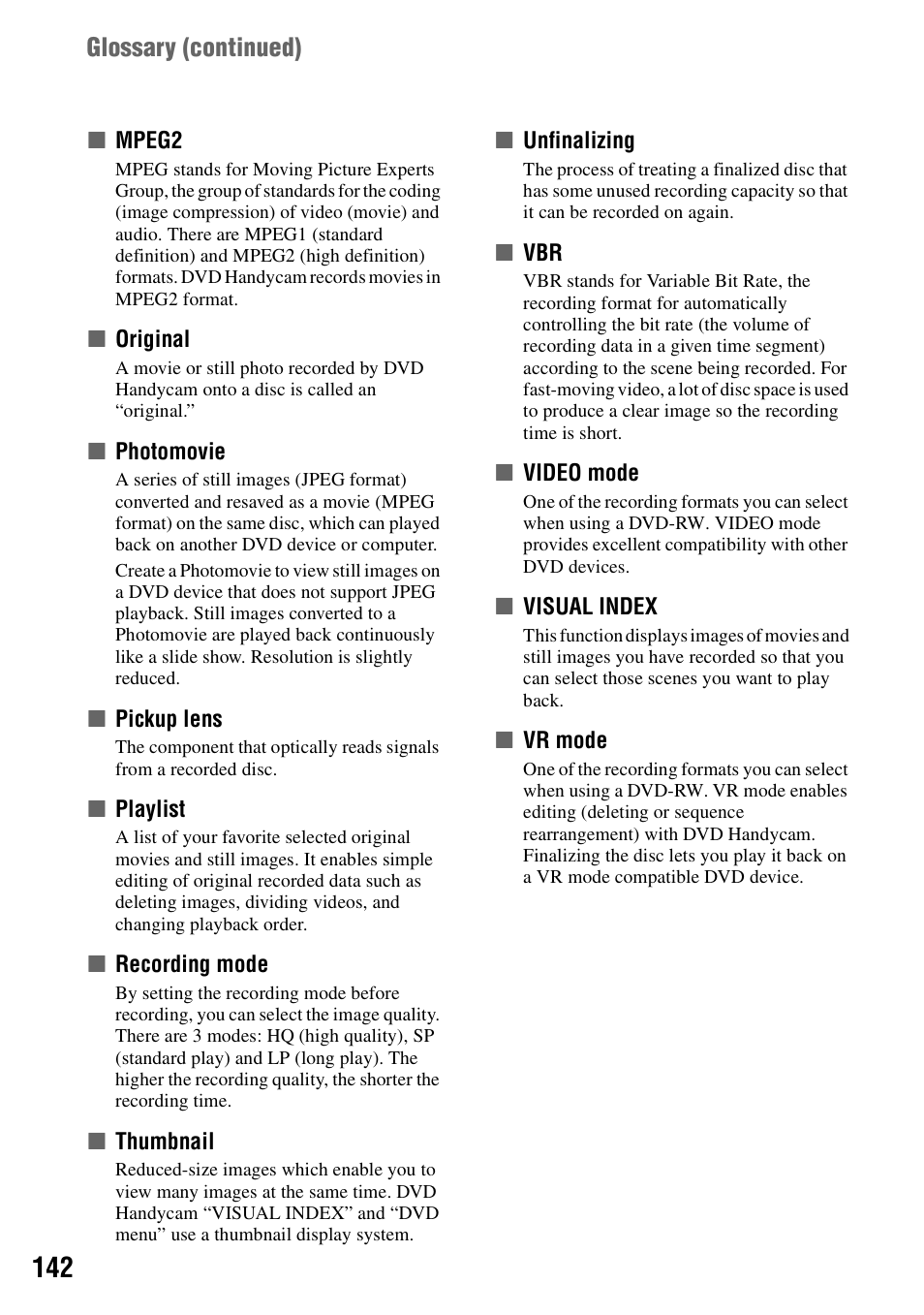 P.142, P.142), Glossary (continued) | Sony DCR-DVD405 User Manual | Page 142 / 148