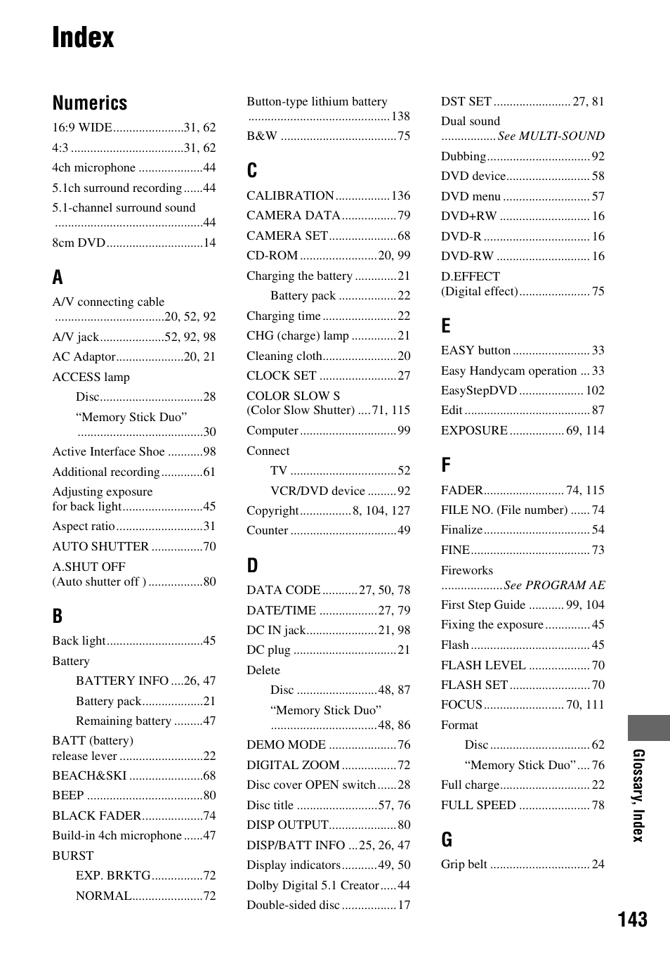 Index, Numerics | Sony DCR-DVD405 User Manual | Page 143 / 148