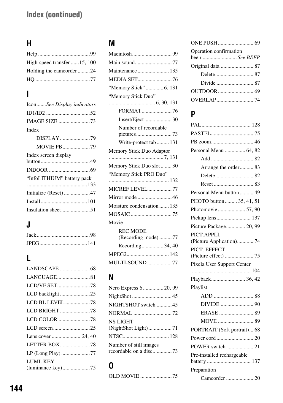 Index (continued) | Sony DCR-DVD405 User Manual | Page 144 / 148