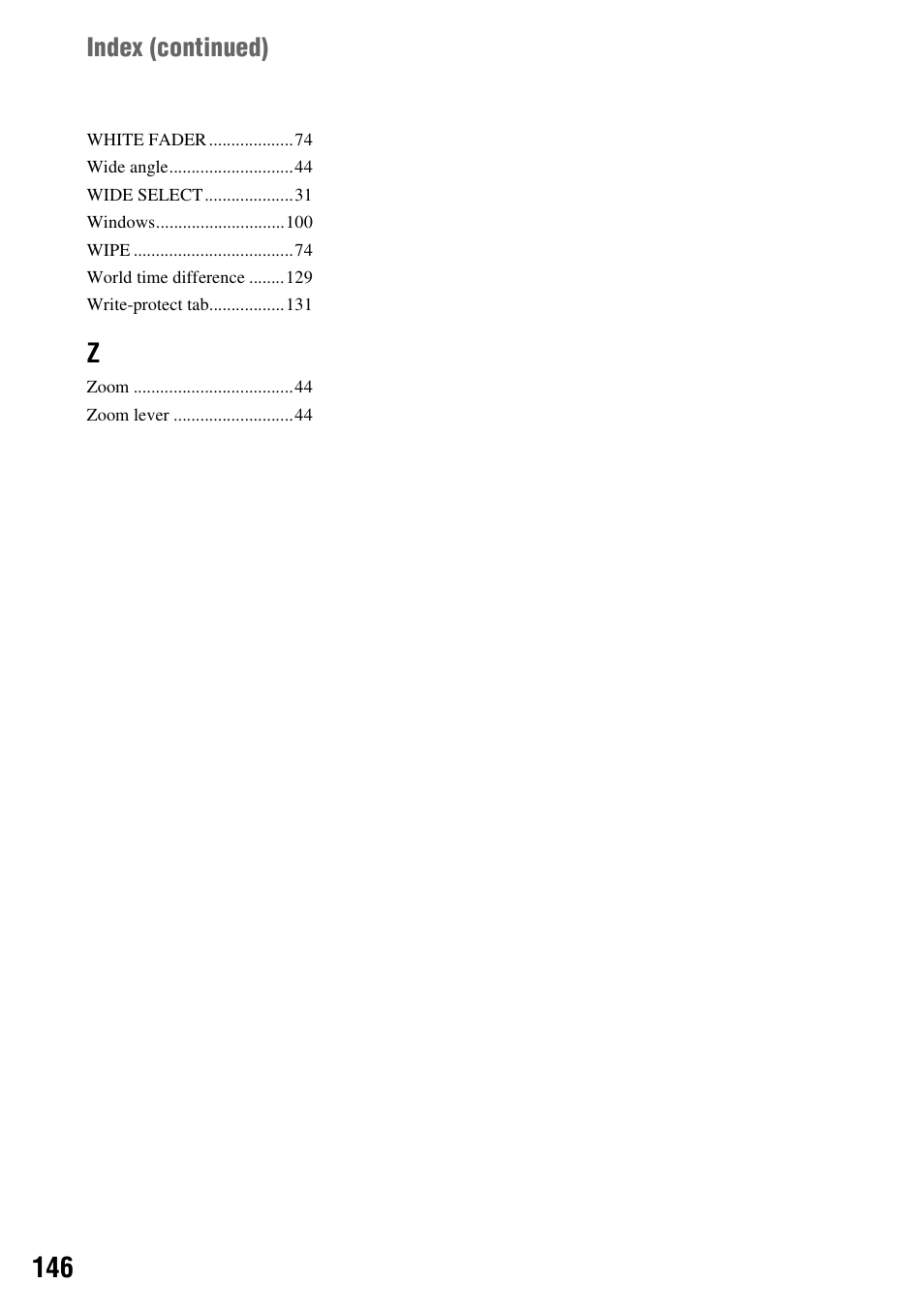 Index (continued) | Sony DCR-DVD405 User Manual | Page 146 / 148