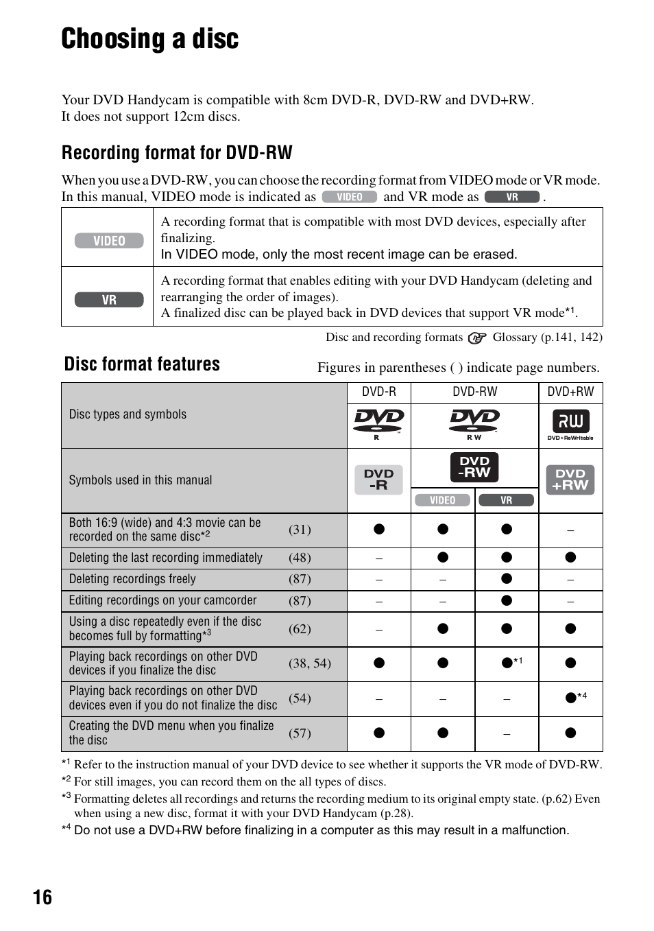 Choosing a disc, Recording format for dvd-rw, Disc format features | Sony DCR-DVD405 User Manual | Page 16 / 148