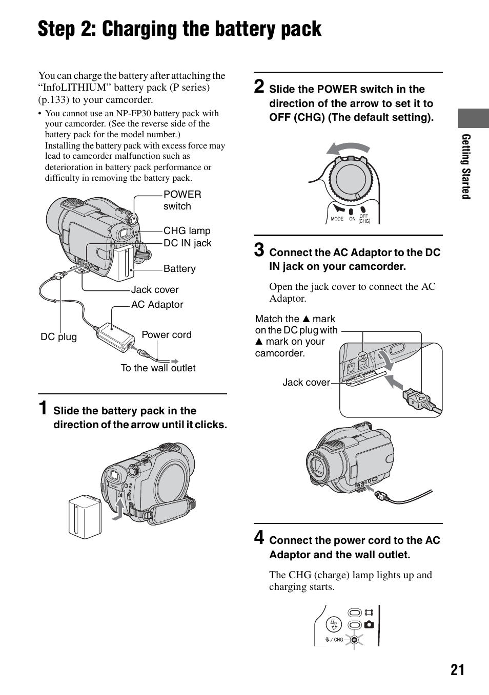 Step 2: charging the battery pack, R (1) (p.21), P.21) | Sony DCR-DVD405 User Manual | Page 21 / 148