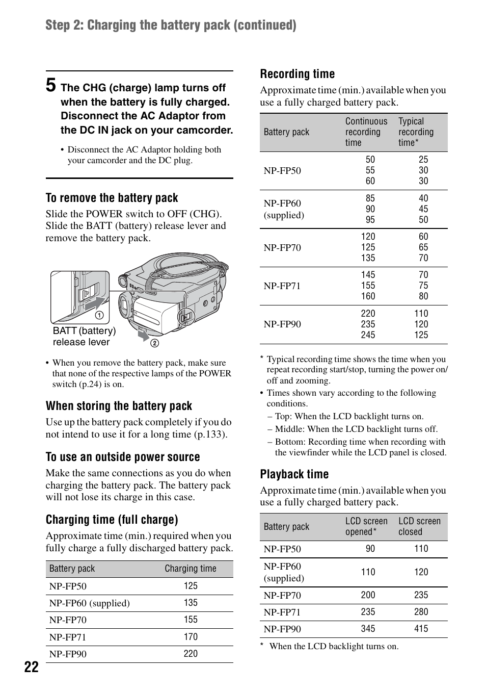 P.22), Step 2: charging the battery pack (continued), When storing the battery pack | Charging time (full charge), Recording time, Playback time | Sony DCR-DVD405 User Manual | Page 22 / 148