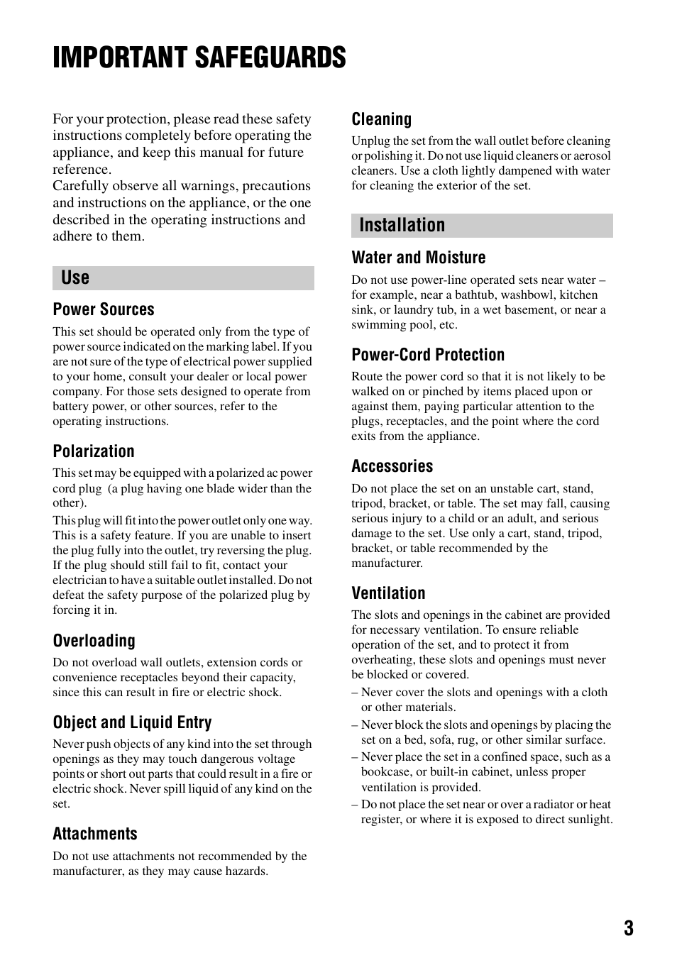 Important safeguards, Use installation | Sony DCR-DVD405 User Manual | Page 3 / 148