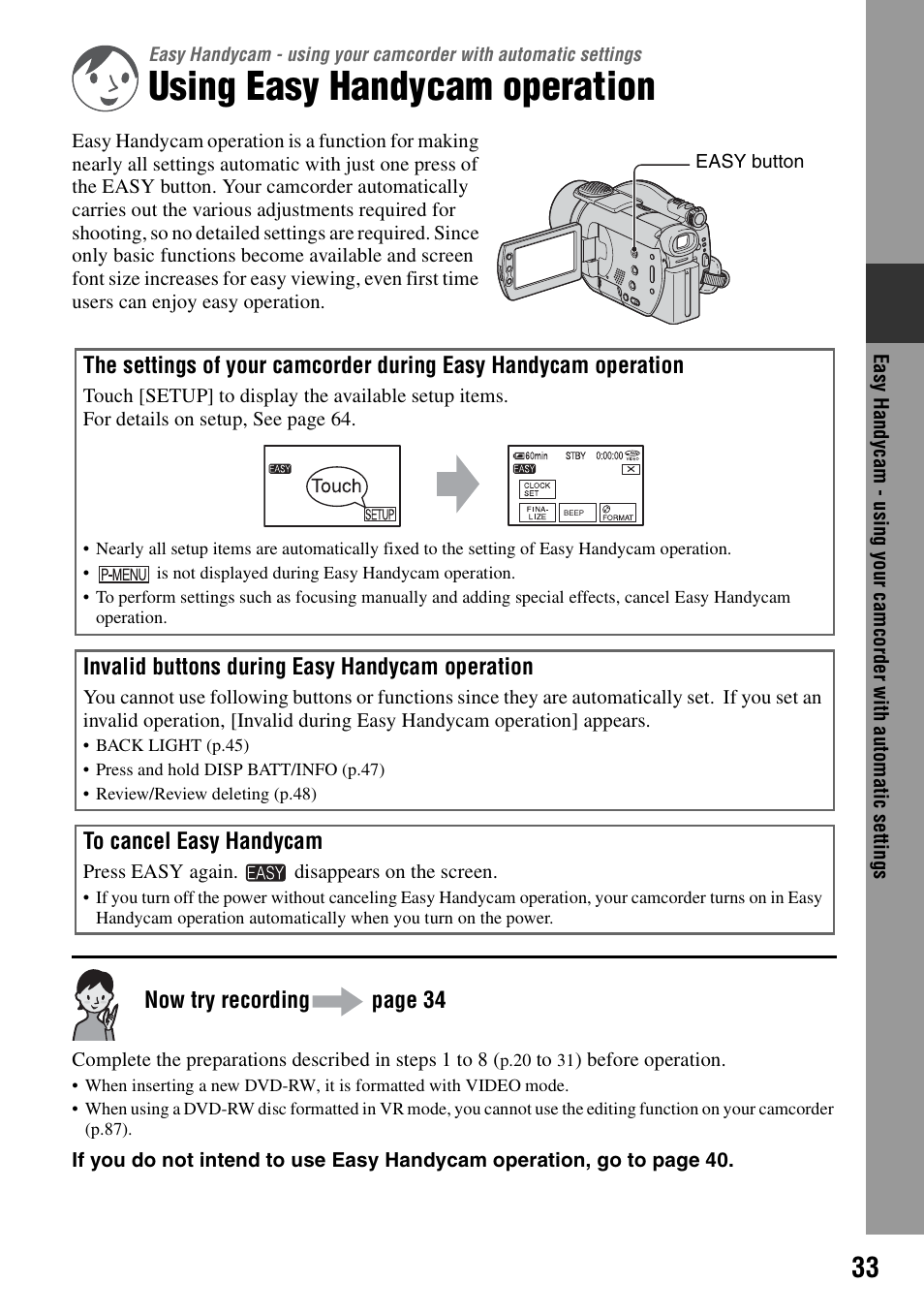 Using easy handycam operation, Easy, Handycam 33 | P.33) | Sony DCR-DVD405 User Manual | Page 33 / 148