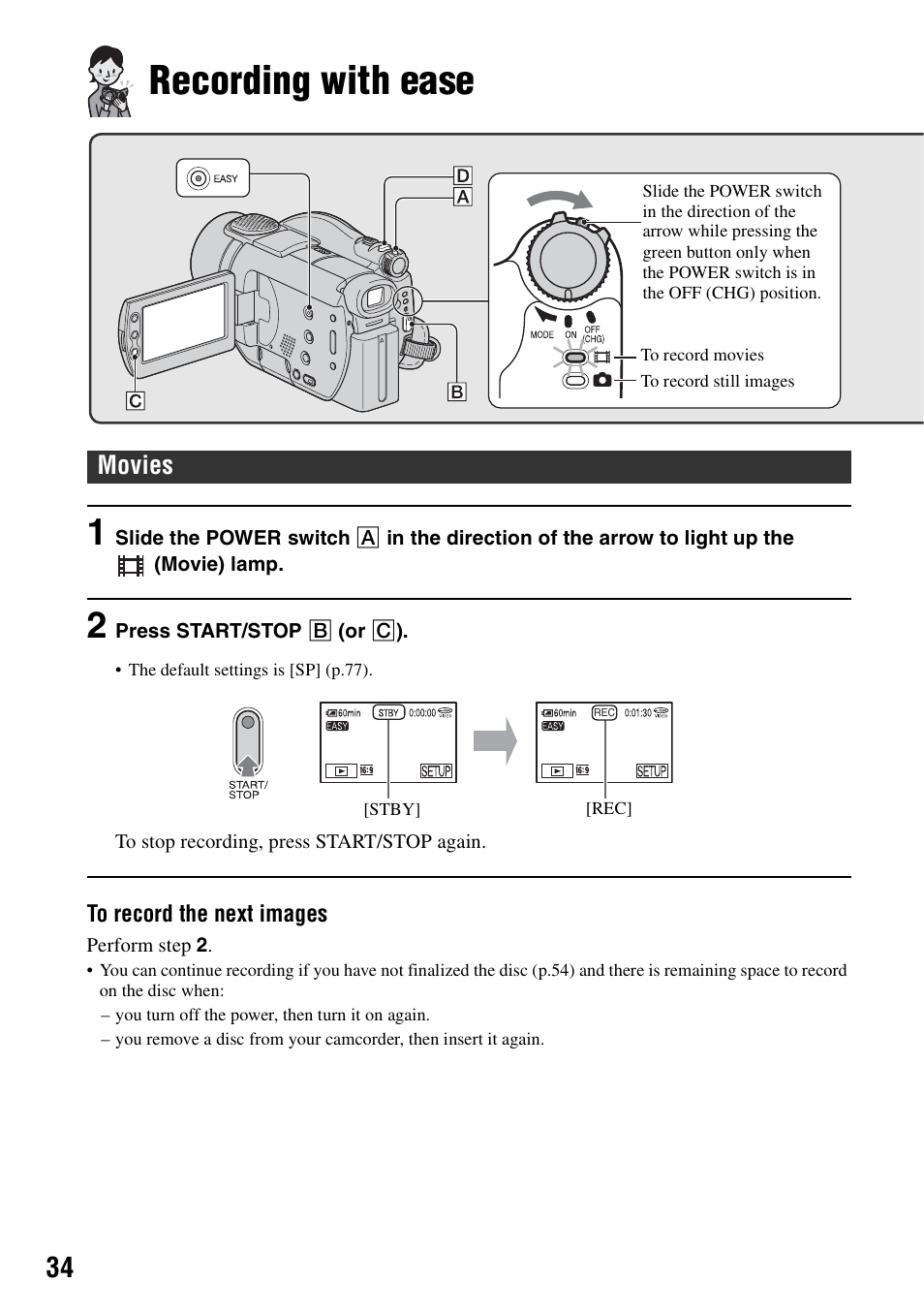 Recording with ease, P.34, Movies | Sony DCR-DVD405 User Manual | Page 34 / 148