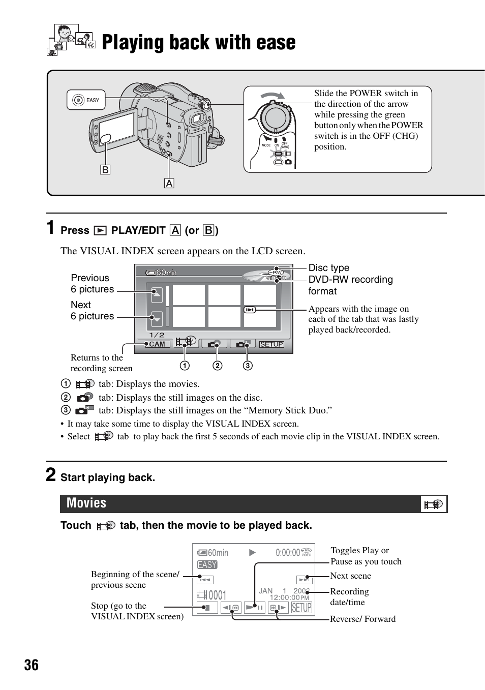 Playing back with ease, P.36, Movies | Sony DCR-DVD405 User Manual | Page 36 / 148