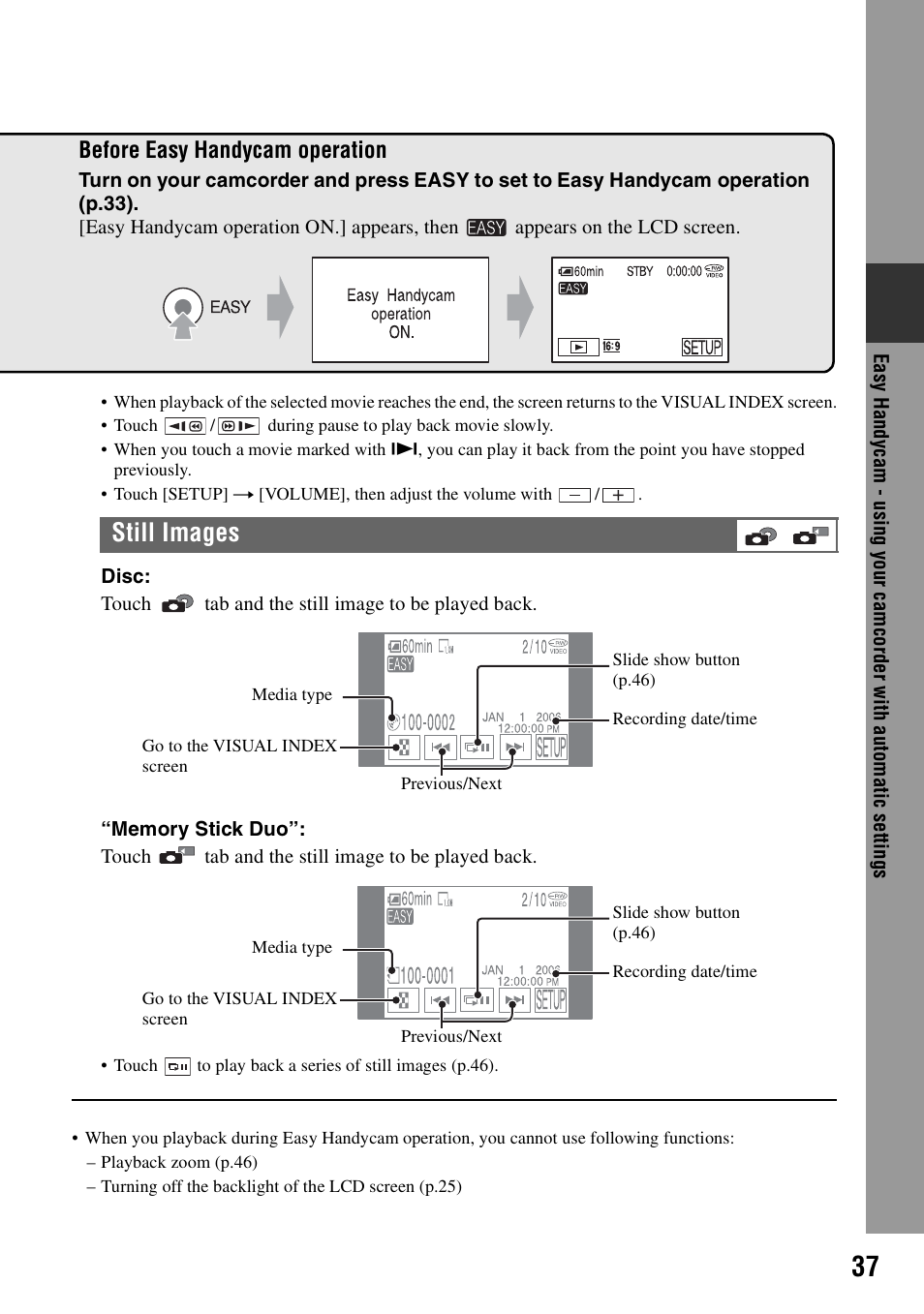 Still images, Before easy handycam operation | Sony DCR-DVD405 User Manual | Page 37 / 148