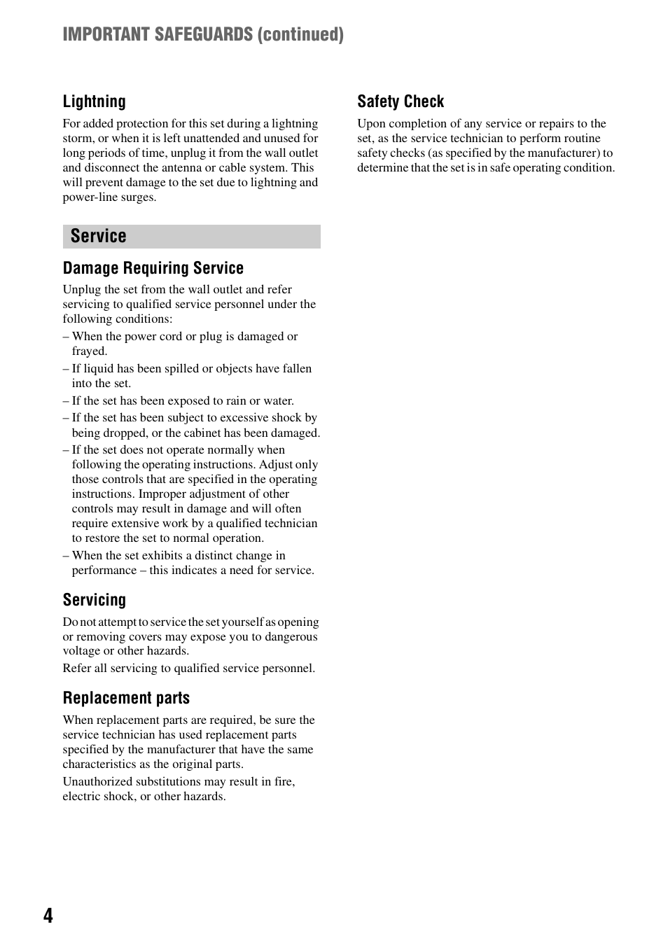 Service important safeguards (continued) | Sony DCR-DVD405 User Manual | Page 4 / 148