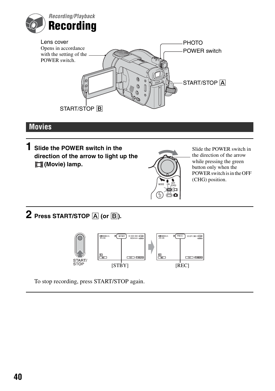 Recording/playback, Recording, Playback 40 | Movies | Sony DCR-DVD405 User Manual | Page 40 / 148