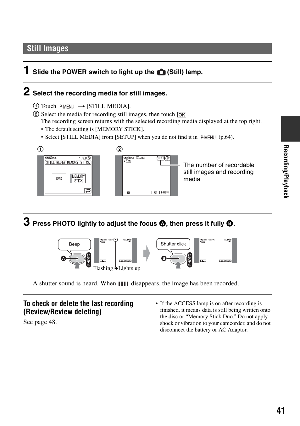 Still images | Sony DCR-DVD405 User Manual | Page 41 / 148