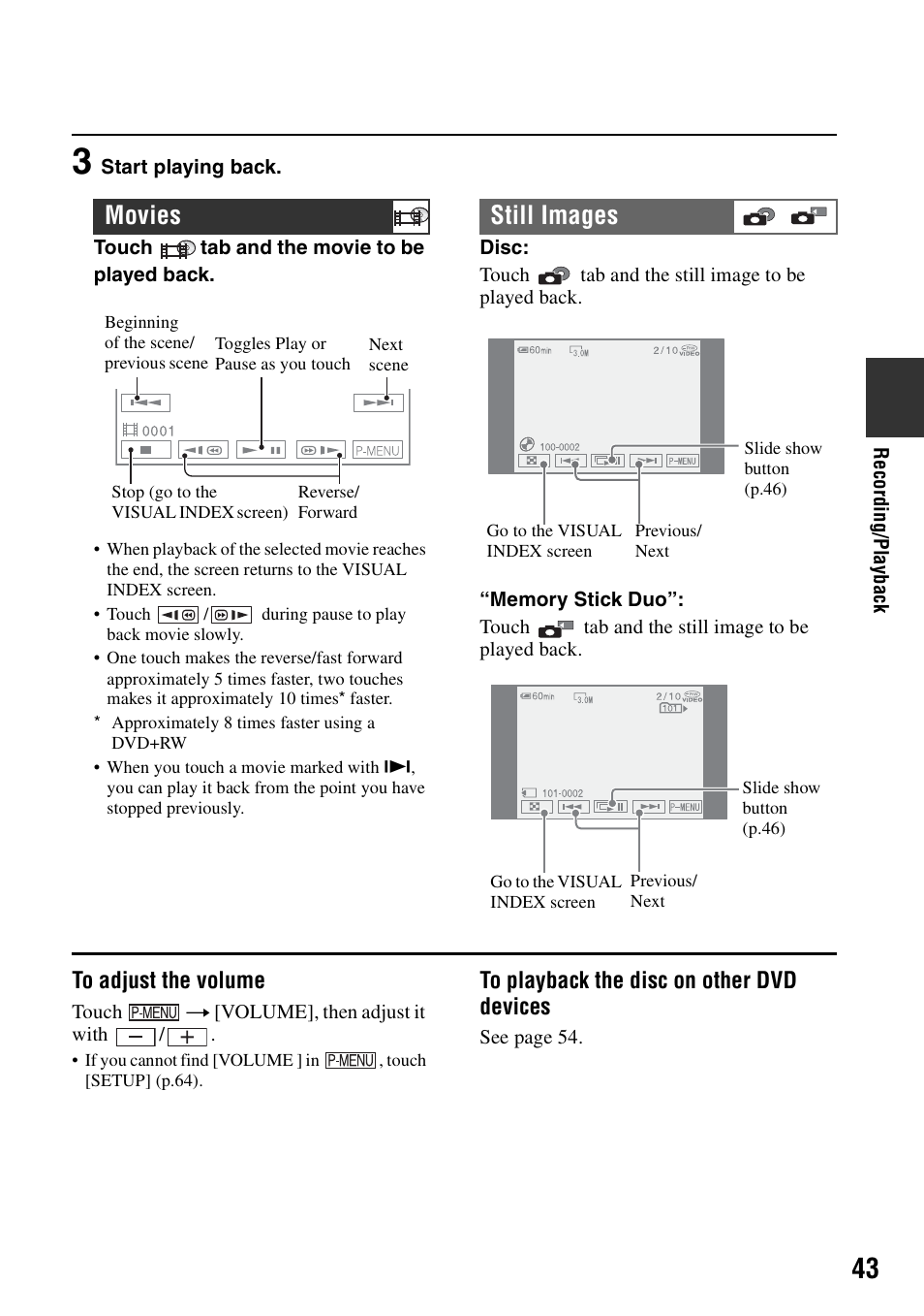 Movies still images | Sony DCR-DVD405 User Manual | Page 43 / 148