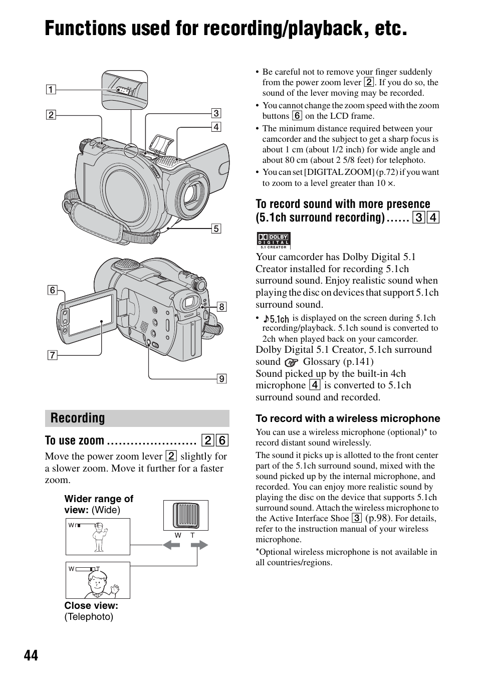 Functions used for recording/playback, etc, Recording, To use zoom | P.44 | Sony DCR-DVD405 User Manual | Page 44 / 148