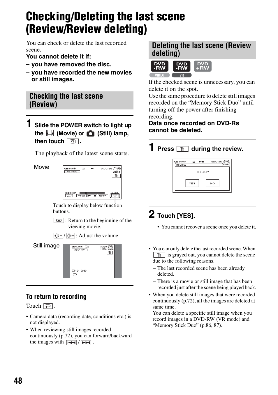 P.48, P.48), Checking the last scene (review) | Deleting the last scene (review deleting) | Sony DCR-DVD405 User Manual | Page 48 / 148