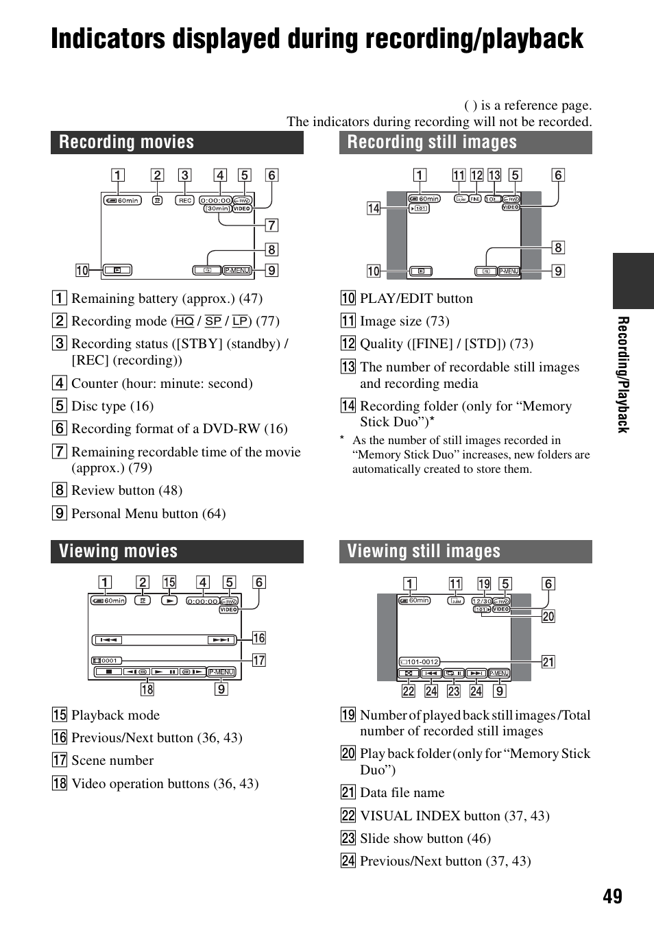 Indicators displayed during recording/playback, Recording movies recording still images, Viewing movies viewing still images | Sony DCR-DVD405 User Manual | Page 49 / 148