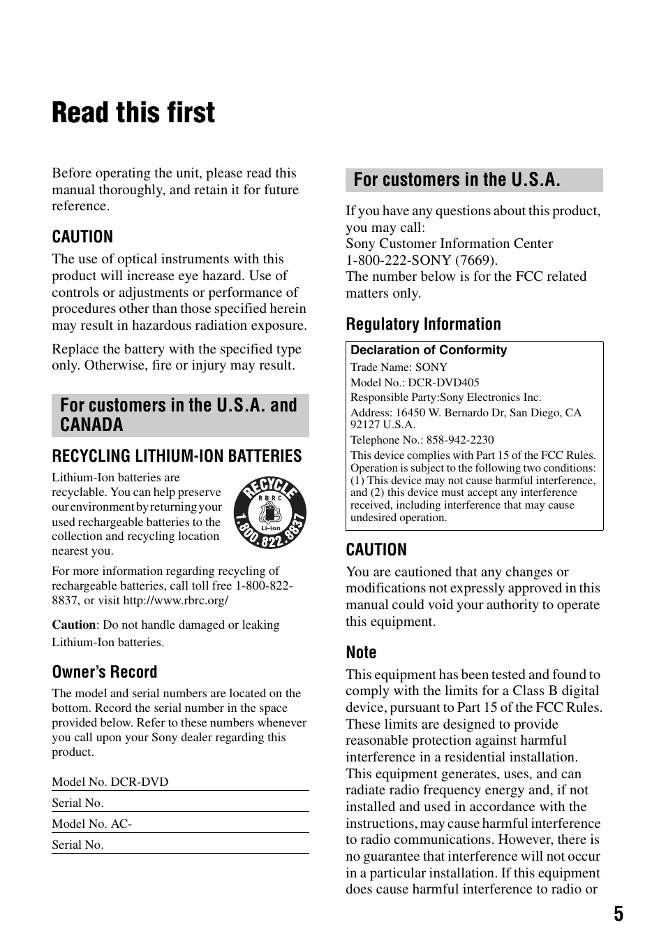 Read this first, For customers in the u.s.a. and canada, For customers in the u.s.a | Sony DCR-DVD405 User Manual | Page 5 / 148