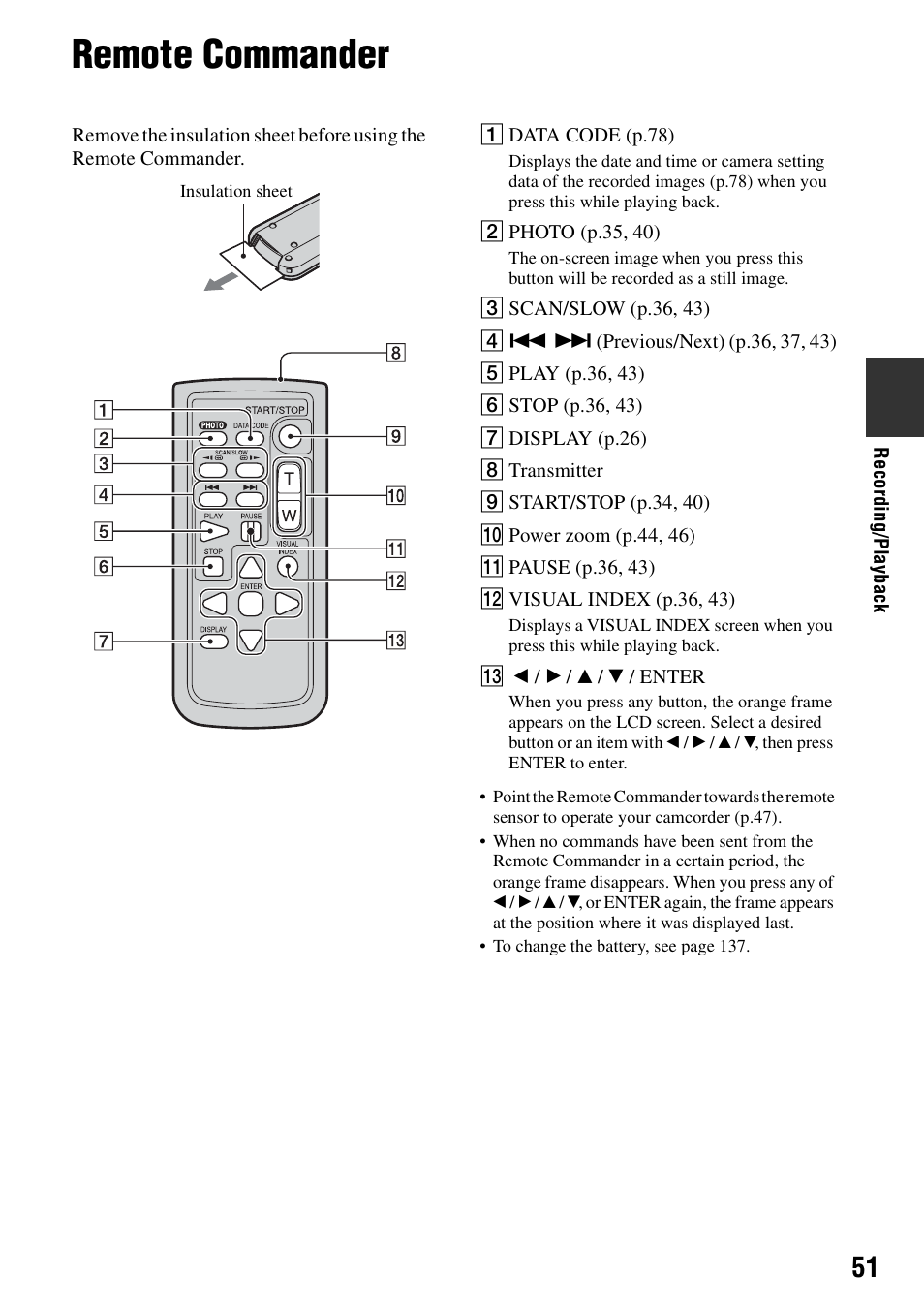 Remote commander, P.51, R (p.51) | Sony DCR-DVD405 User Manual | Page 51 / 148