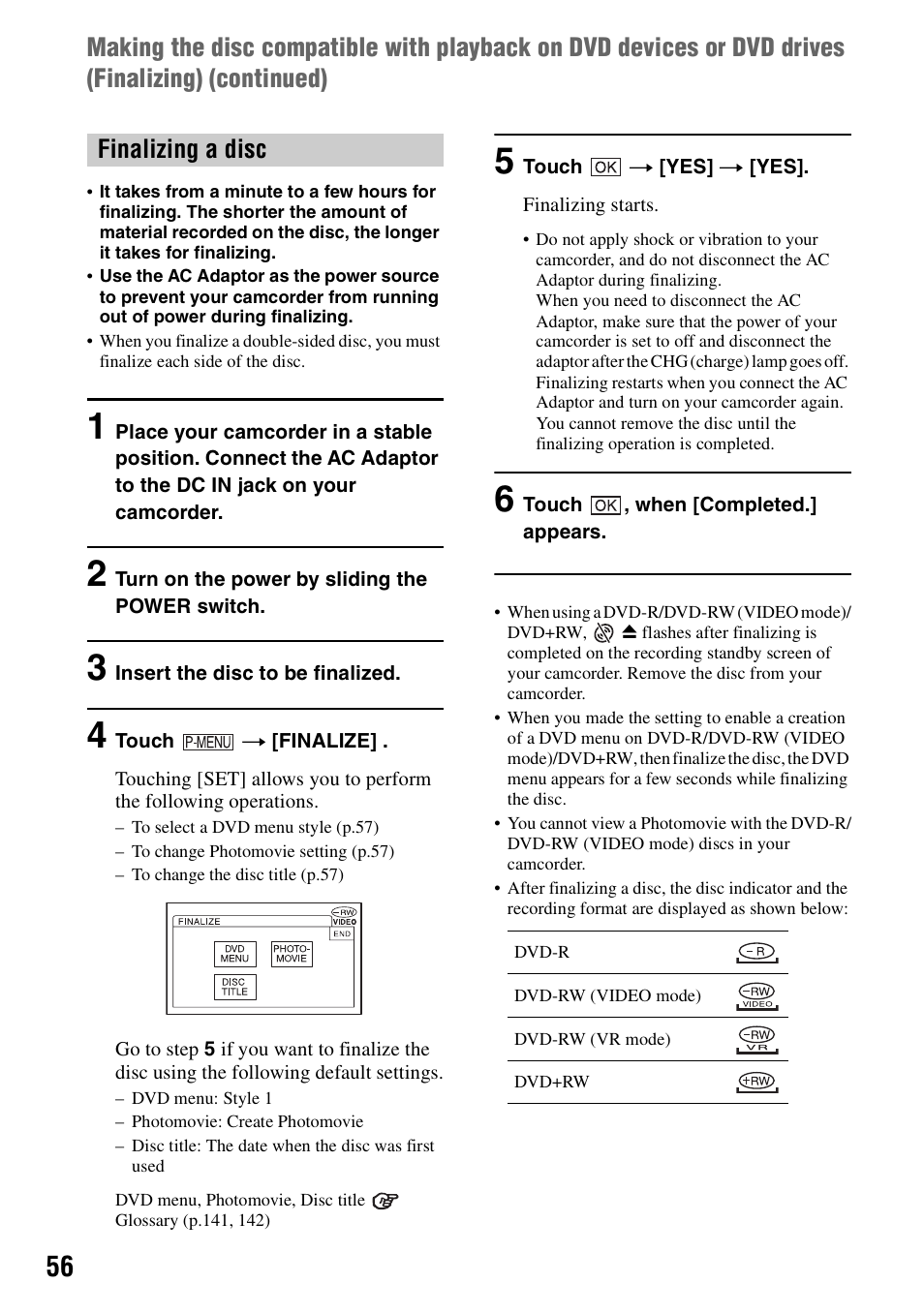 P.56), G (p.56), Finalizing a disc | Sony DCR-DVD405 User Manual | Page 56 / 148