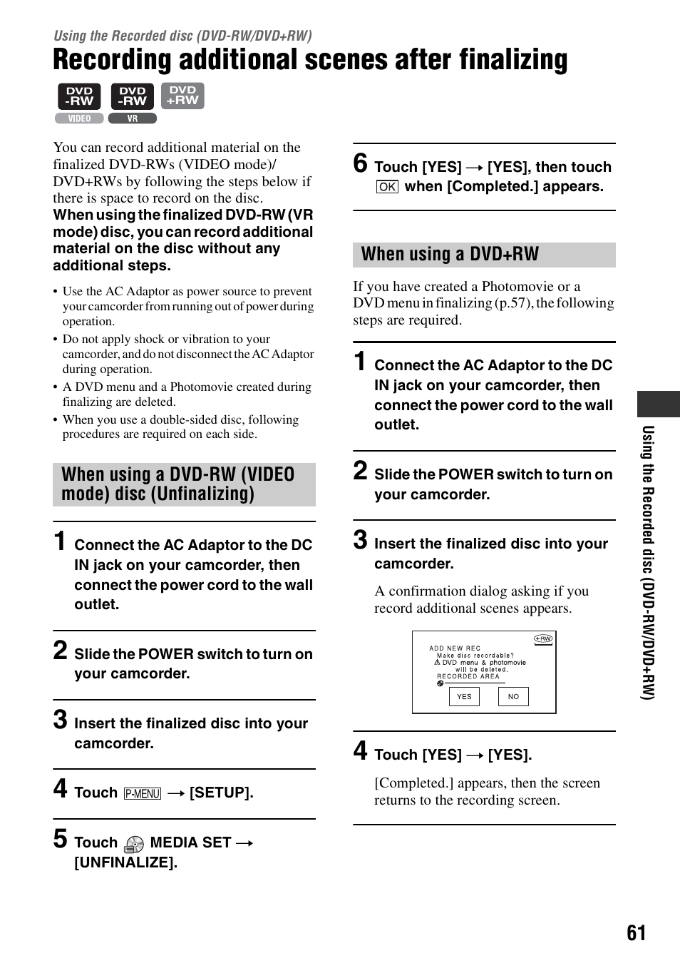 Using the recorded disc (dvd-rw/dvd+rw), Recording additional scenes after finalizing, Using the recorded disc | P.61, P.61) | Sony DCR-DVD405 User Manual | Page 61 / 148