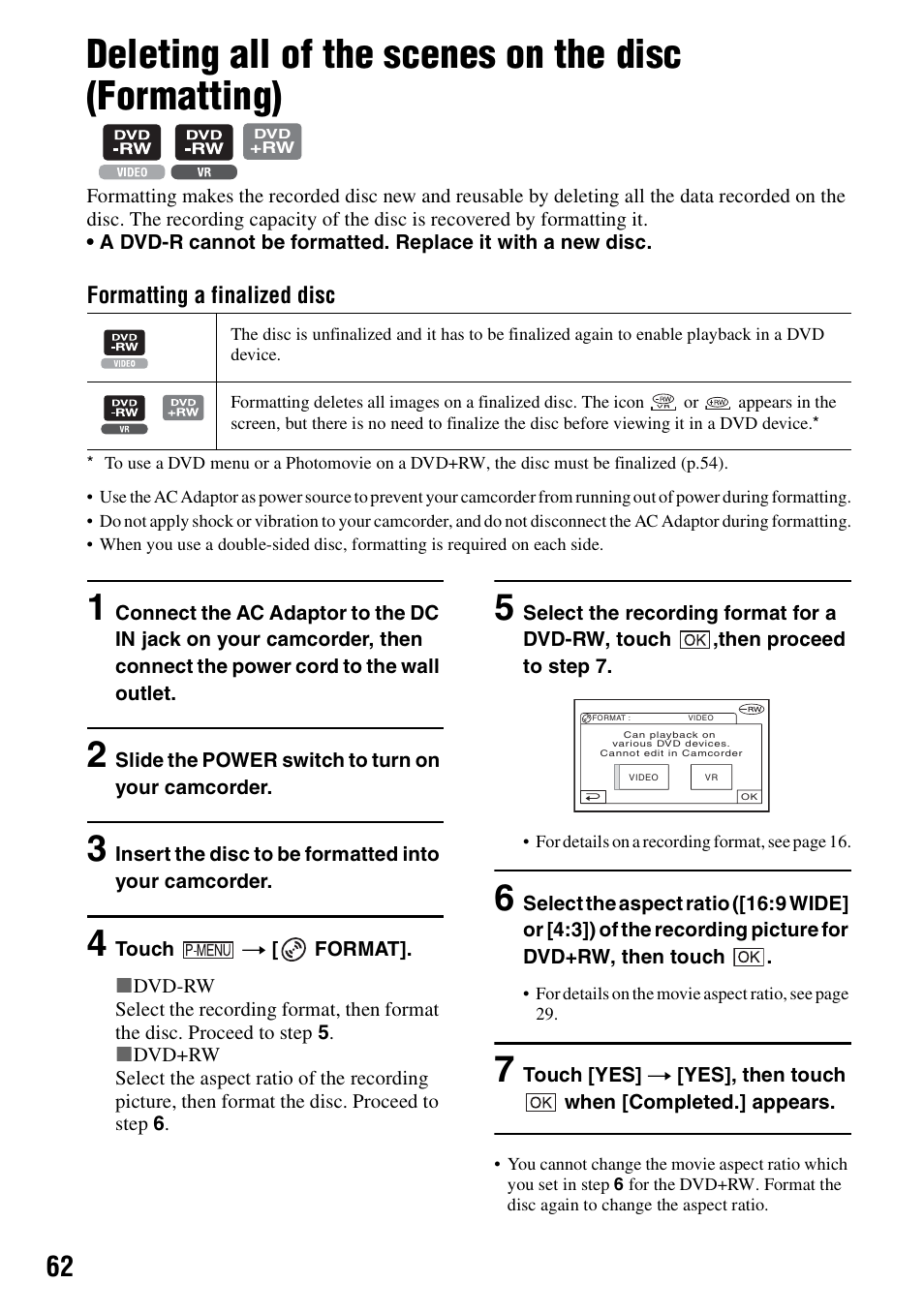 P.62), Tting (p.62) | Sony DCR-DVD405 User Manual | Page 62 / 148