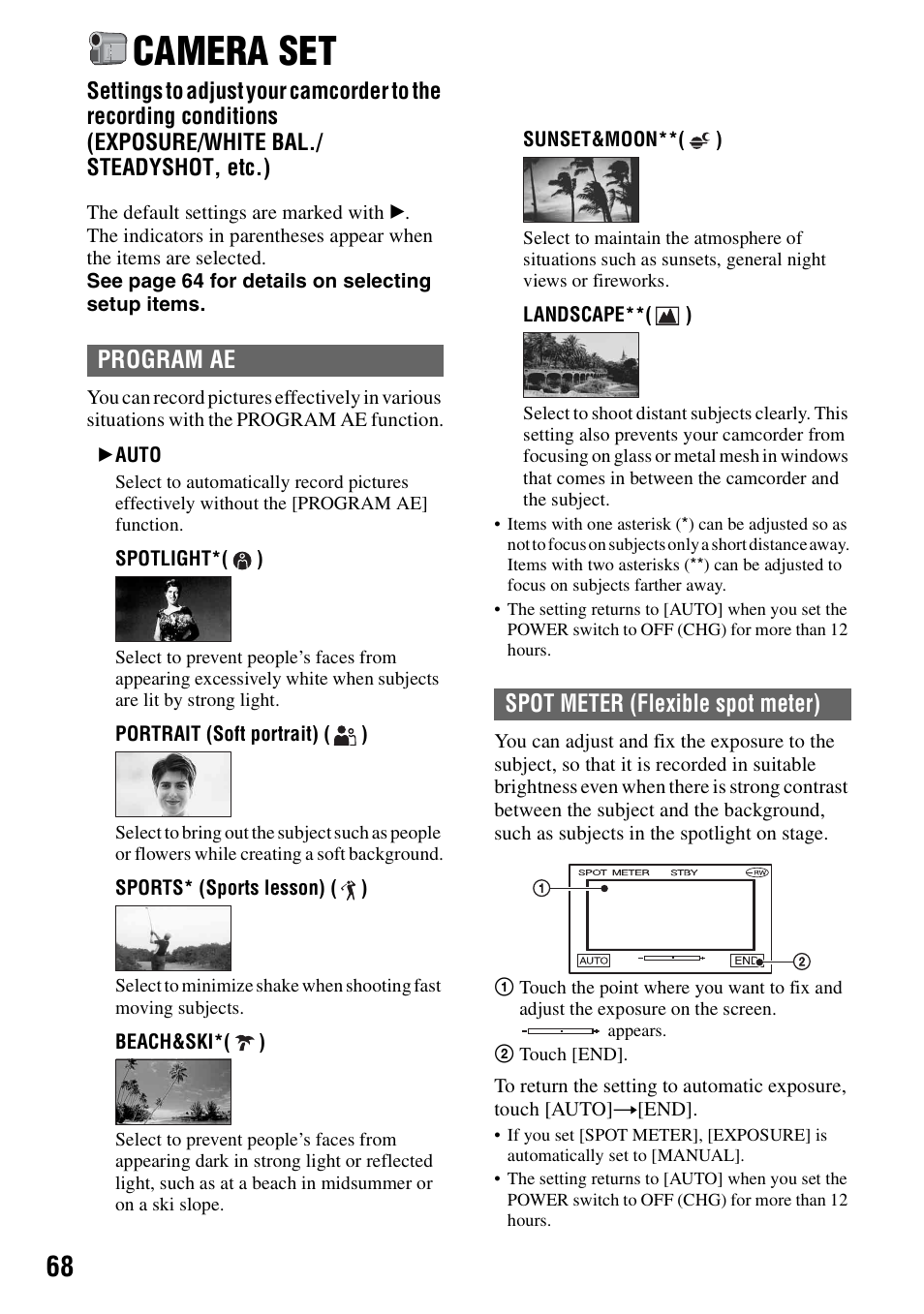 Camera set, Ae (68), P.68) | Program ae, Spot meter (flexible spot meter) | Sony DCR-DVD405 User Manual | Page 68 / 148