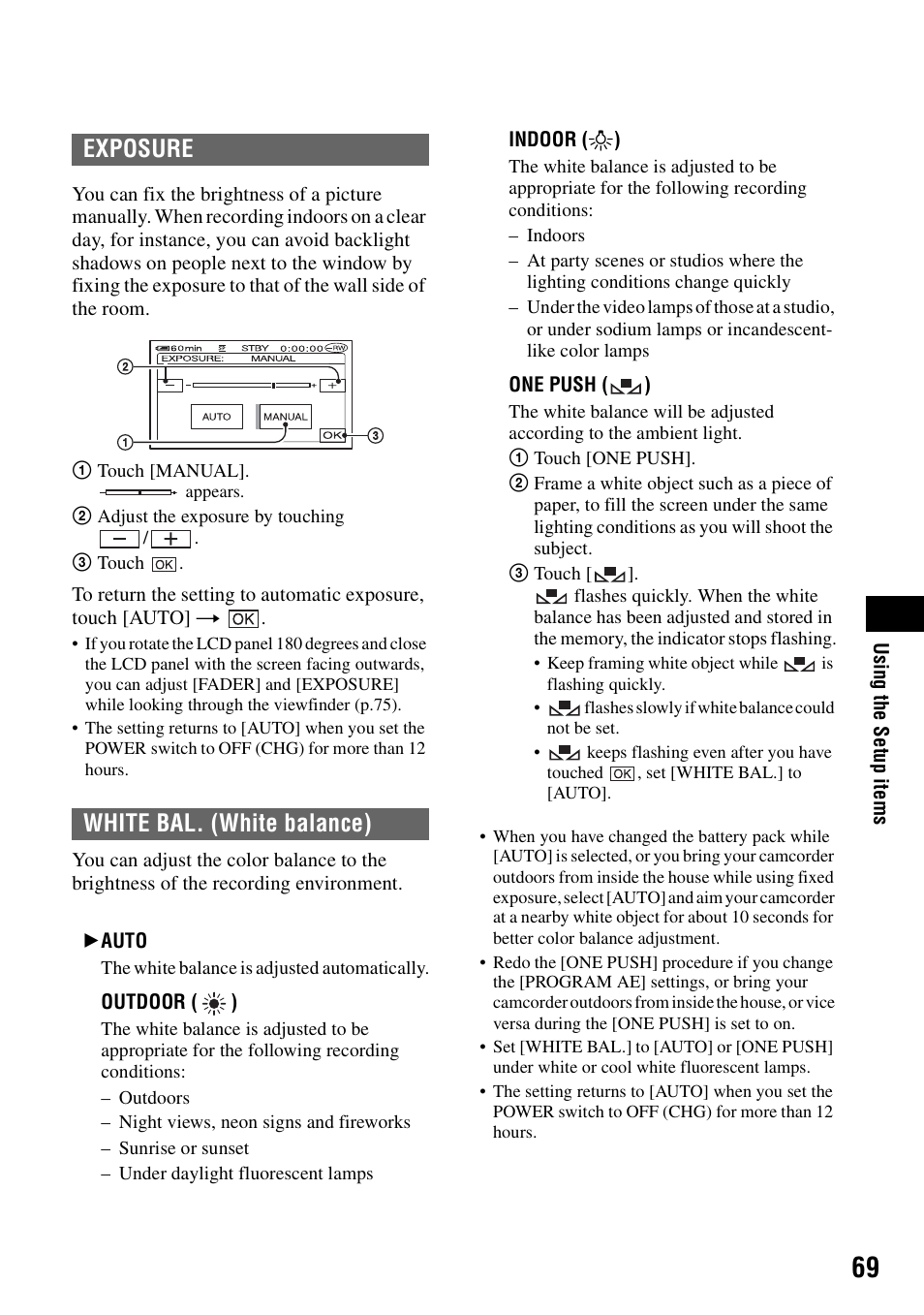 P.69, Ce (69, Re (69 | Exposure white bal. (white balance) | Sony DCR-DVD405 User Manual | Page 69 / 148