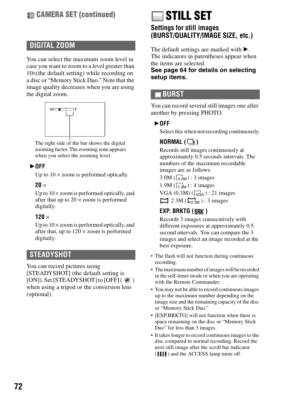 Still set, P.72), P.72 | Camera set (continued), Digital zoom steadyshot, Burst | Sony DCR-DVD405 User Manual | Page 72 / 148