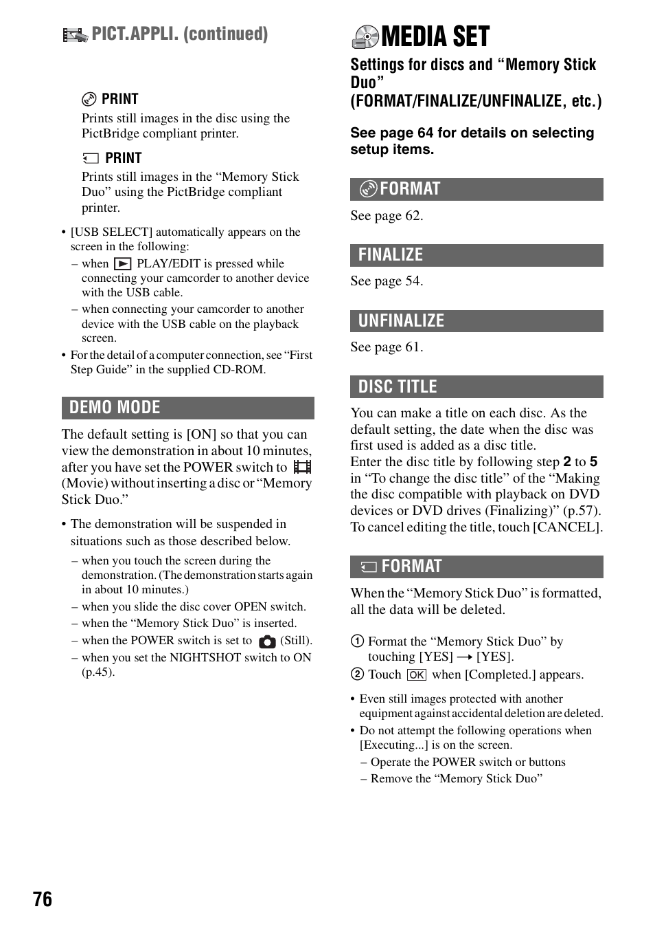 Media set, P.76), Pict.appli. (continued) | Demo mode, Format finalize unfinalize disc title format | Sony DCR-DVD405 User Manual | Page 76 / 148