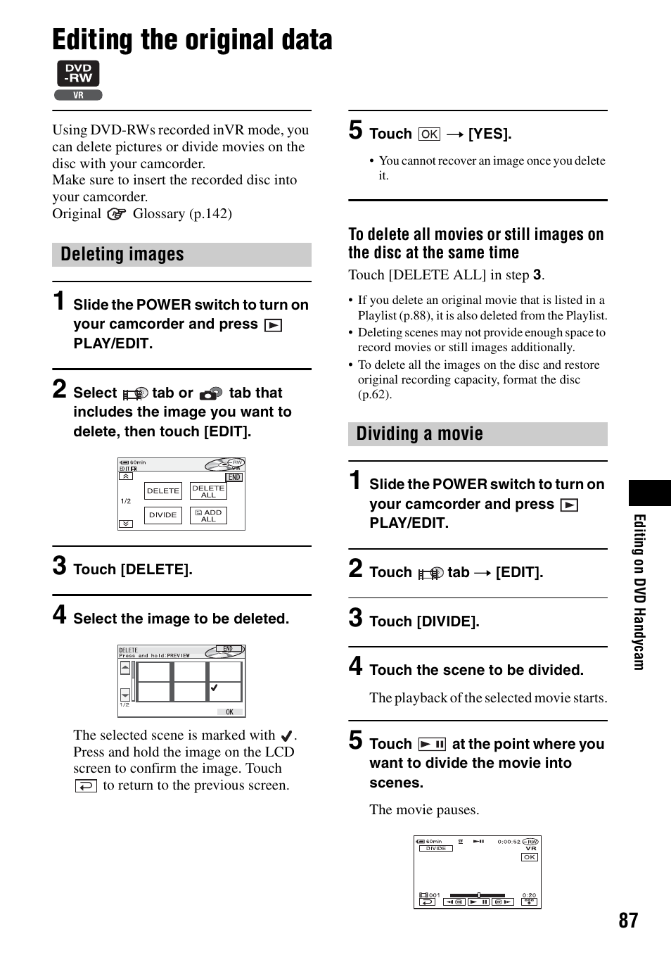 Editing the original data, D 87, P.87) | R (p.87) | Sony DCR-DVD405 User Manual | Page 87 / 148