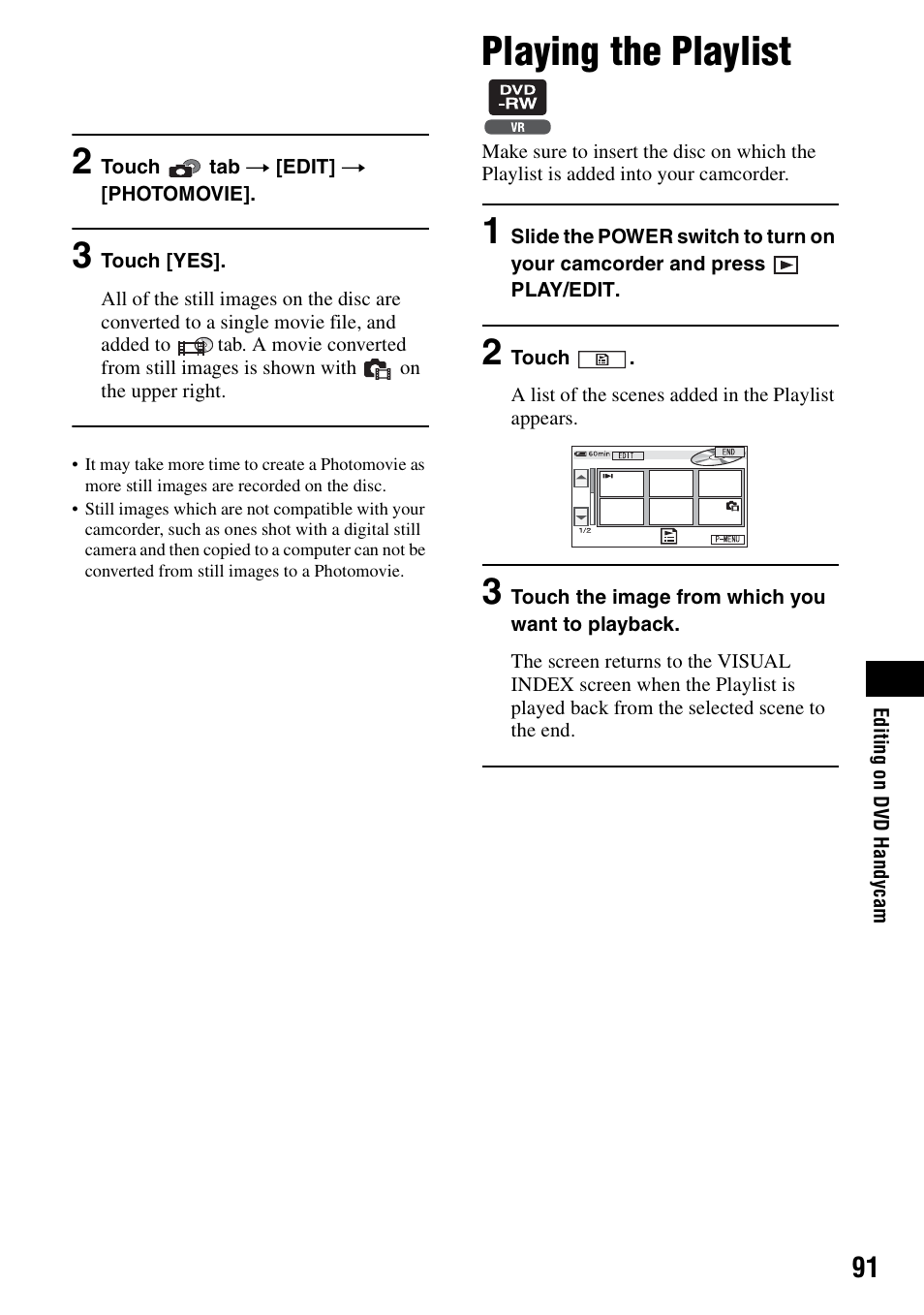 Playing the playlist | Sony DCR-DVD405 User Manual | Page 91 / 148