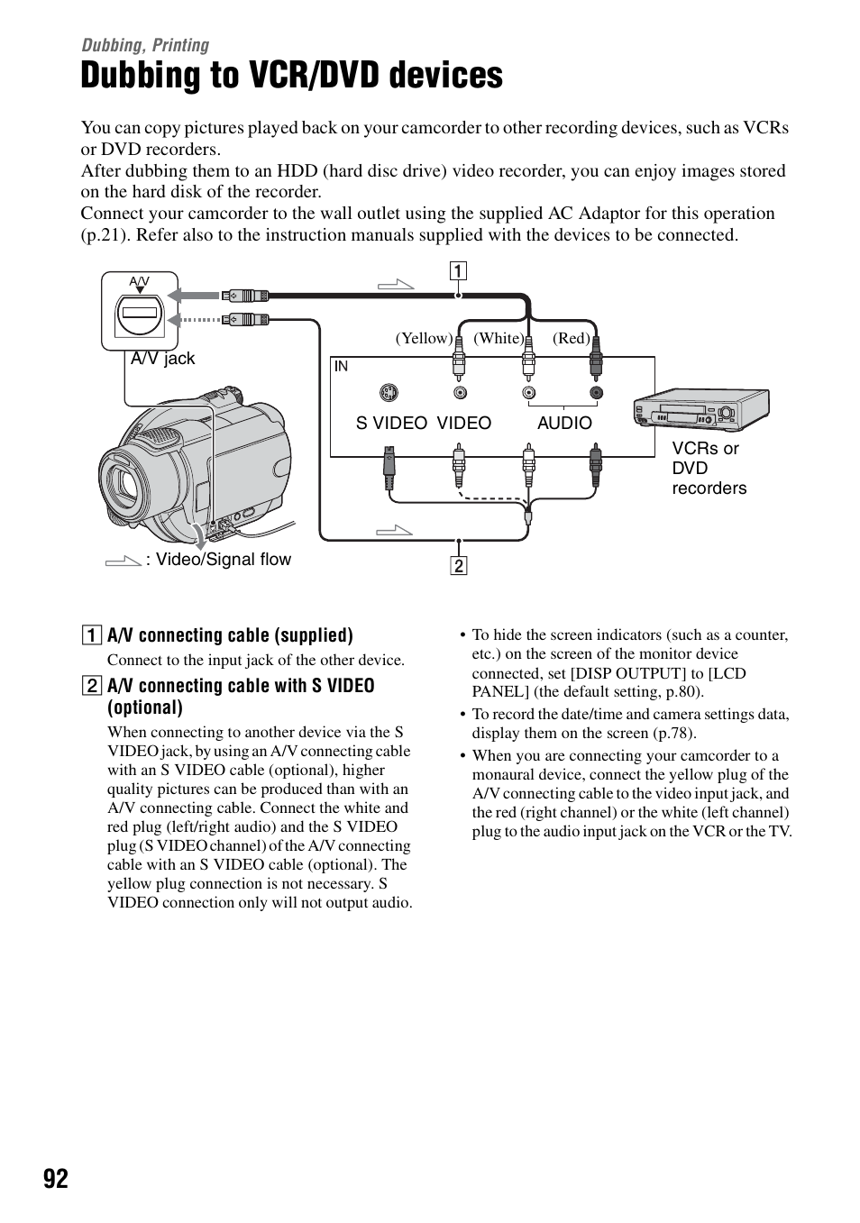 Dubbing, printing, Dubbing to vcr/dvd devices | Sony DCR-DVD405 User Manual | Page 92 / 148