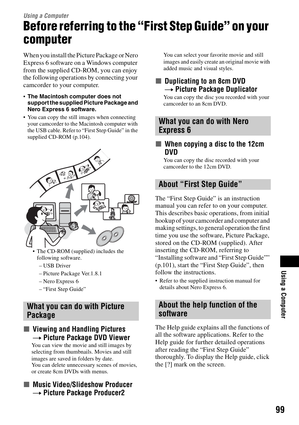 Using a computer, P.99, P.99) | Sony DCR-DVD405 User Manual | Page 99 / 148