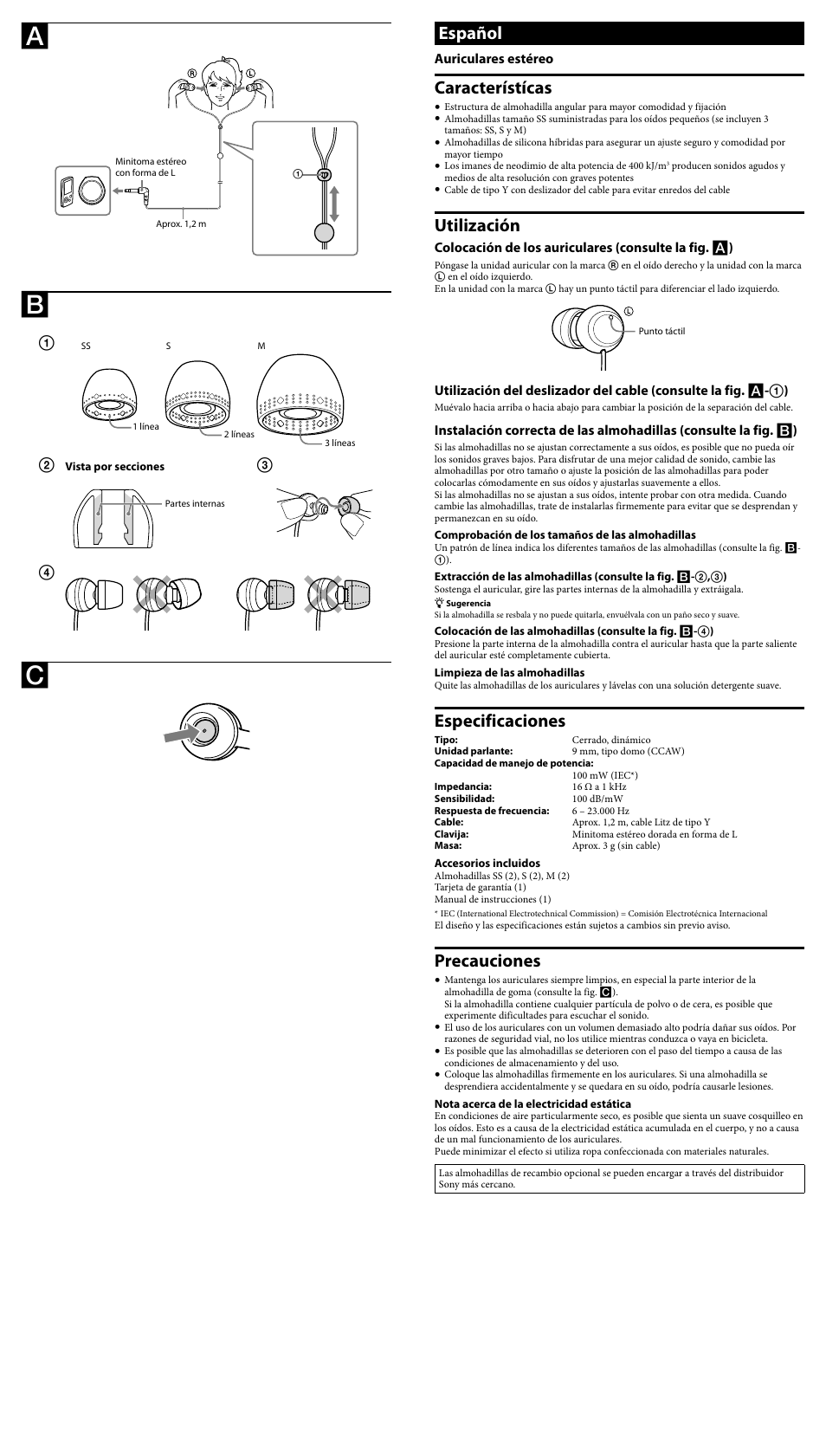 Español, Característícas, Utilización | Especificaciones, Precauciones | Sony MDR-EX40LP User Manual | Page 2 / 2