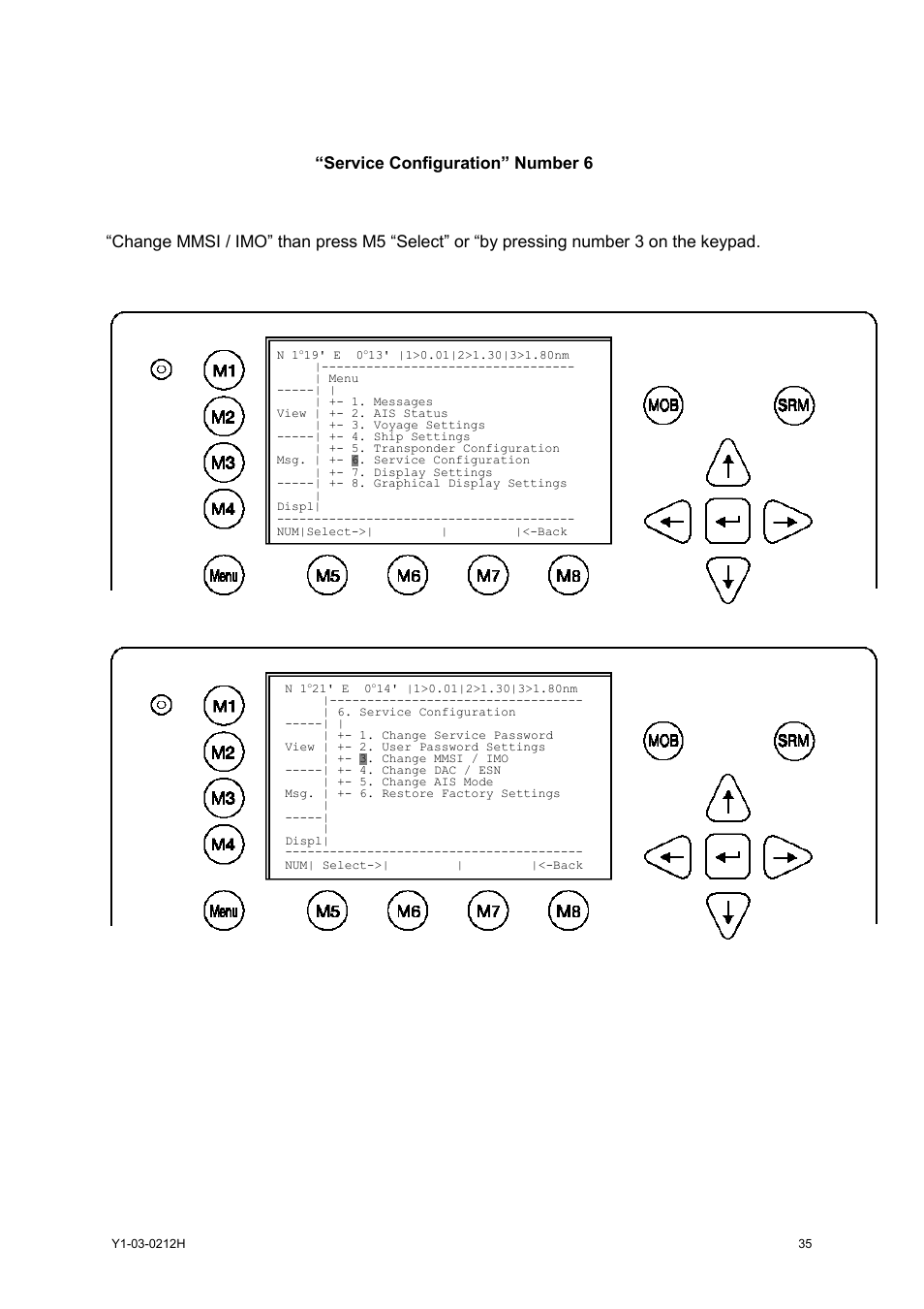 Entering the mmsi / imo / dac / esn numbers, 2 entering the mmsi / imo / dac / esn numbers, Service configuration menu example | ACR Electronics 2662 User Manual | Page 39 / 100