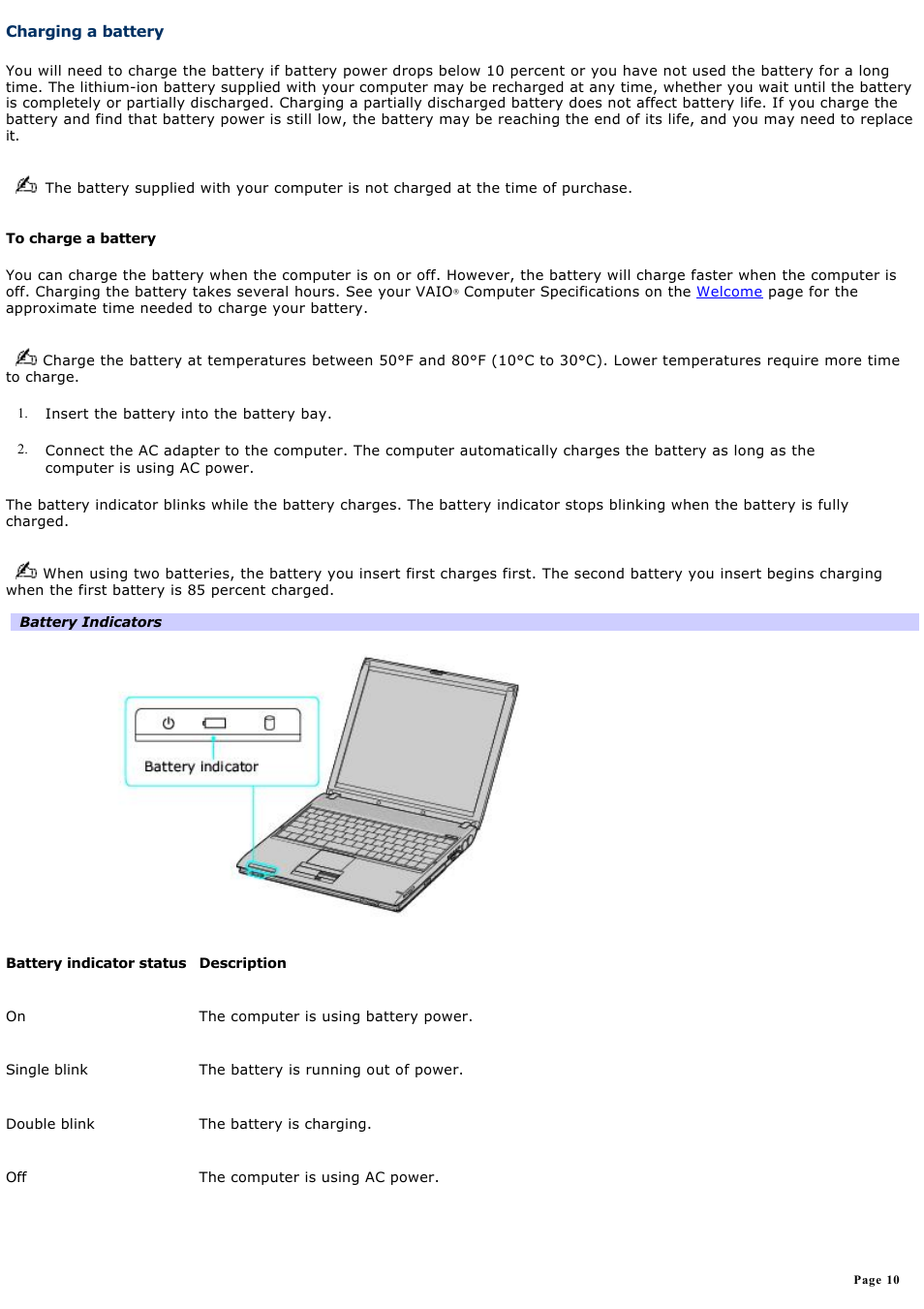 Charging a battery | Sony PCG-V505BCP User Manual | Page 10 / 141