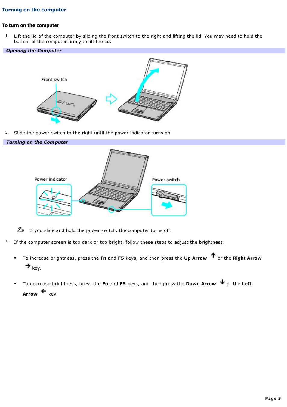 Turning on the computer | Sony PCG-V505BCP User Manual | Page 5 / 141