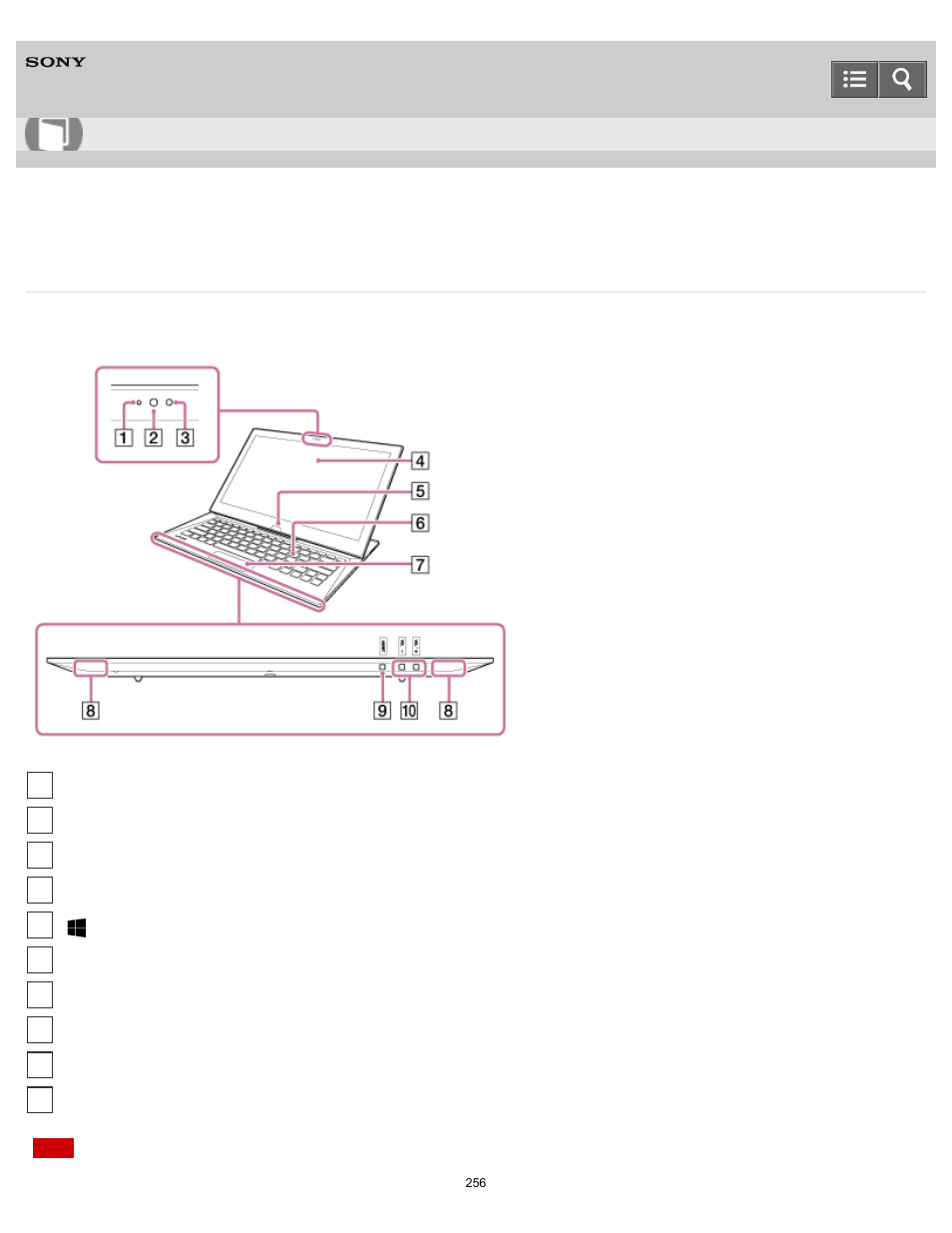 Parts and controls on the front, User guide | Sony SVD13236PXW User Manual | Page 256 / 497