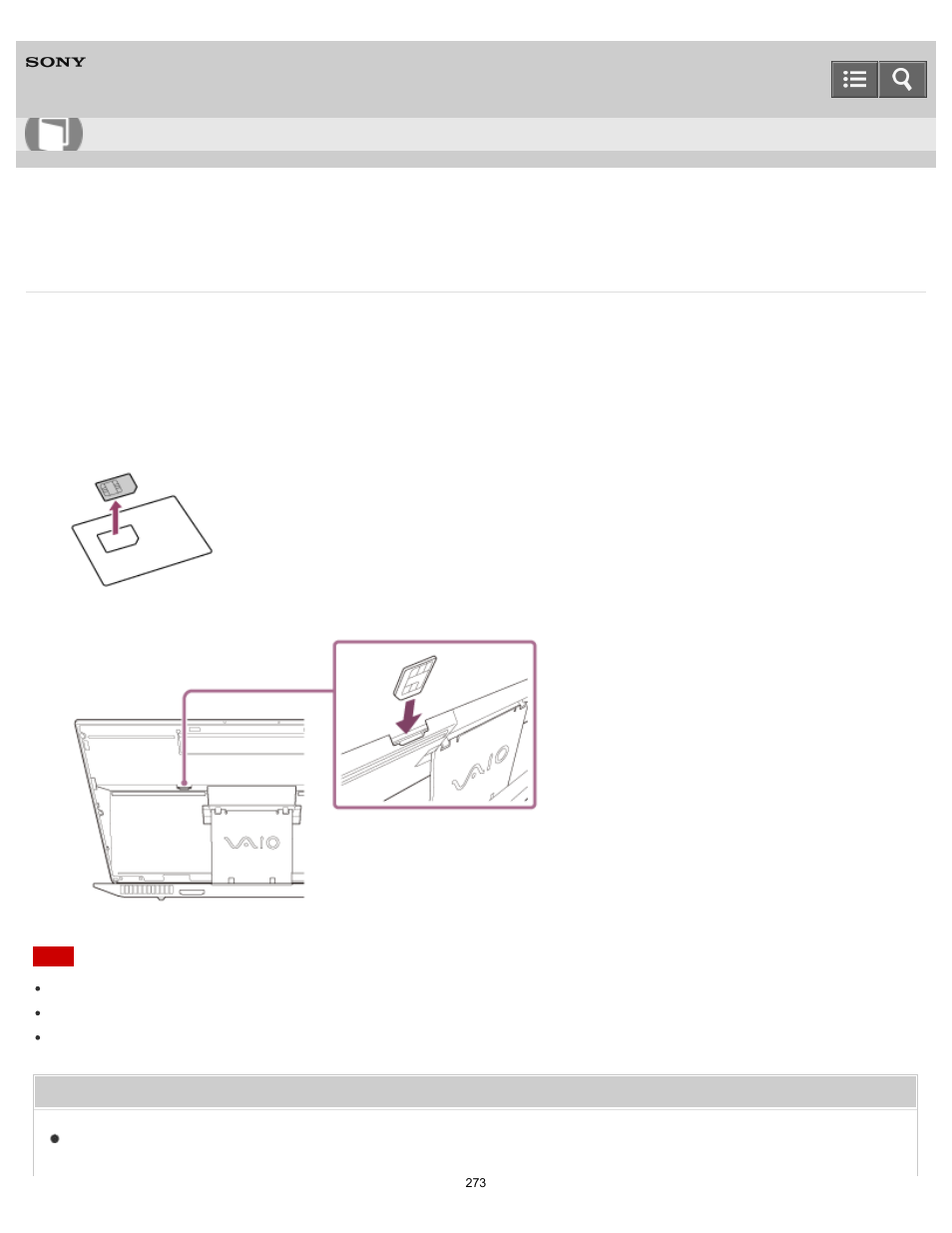 This topic explains how to insert a micro sim card, Inserting a micro sim card (wireless wan equipped, Models) | User guide | Sony SVD13236PXW User Manual | Page 273 / 497