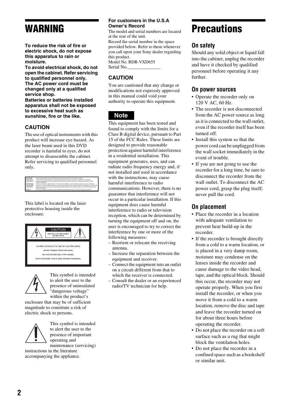 Warning, Precautions, Laes | On safety, On power sources, On placement | Sony RDR-VXD655 User Manual | Page 2 / 160