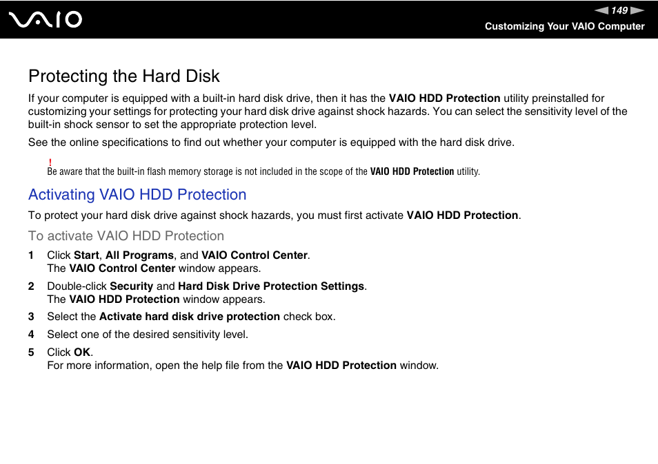 Protecting the hard disk, Activating vaio hdd protection | Sony VGN-TZ290 User Manual | Page 149 / 240