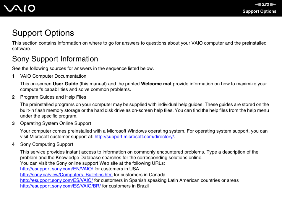 Support options, Sony support information, To vi | Sony VGN-TZ290 User Manual | Page 222 / 240